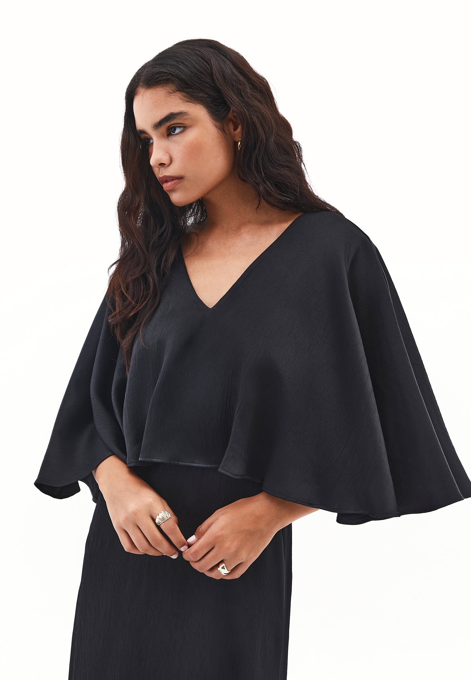 V neck long dress - BLACK