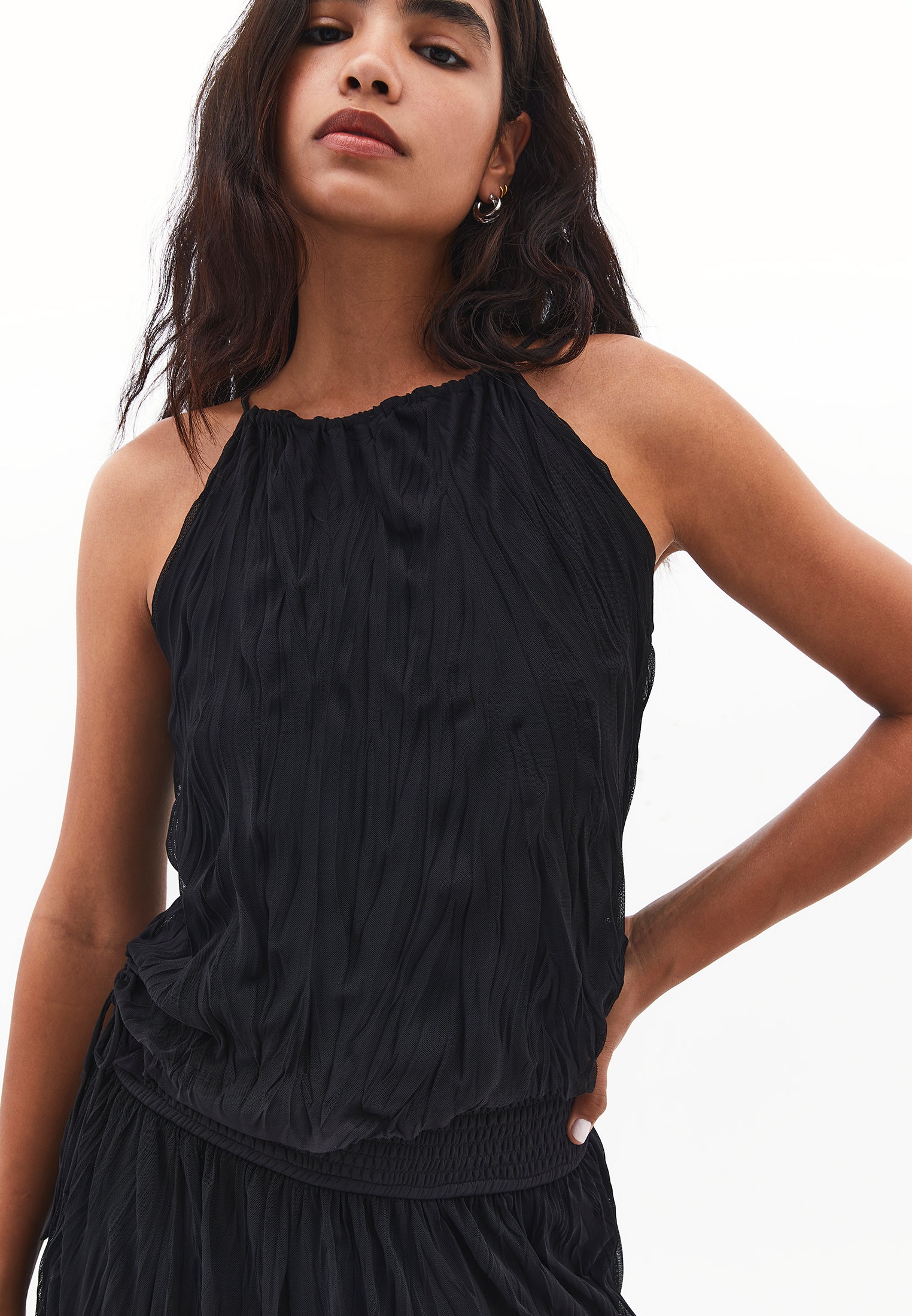 Halter neck wrinkled look blouse - BLACK