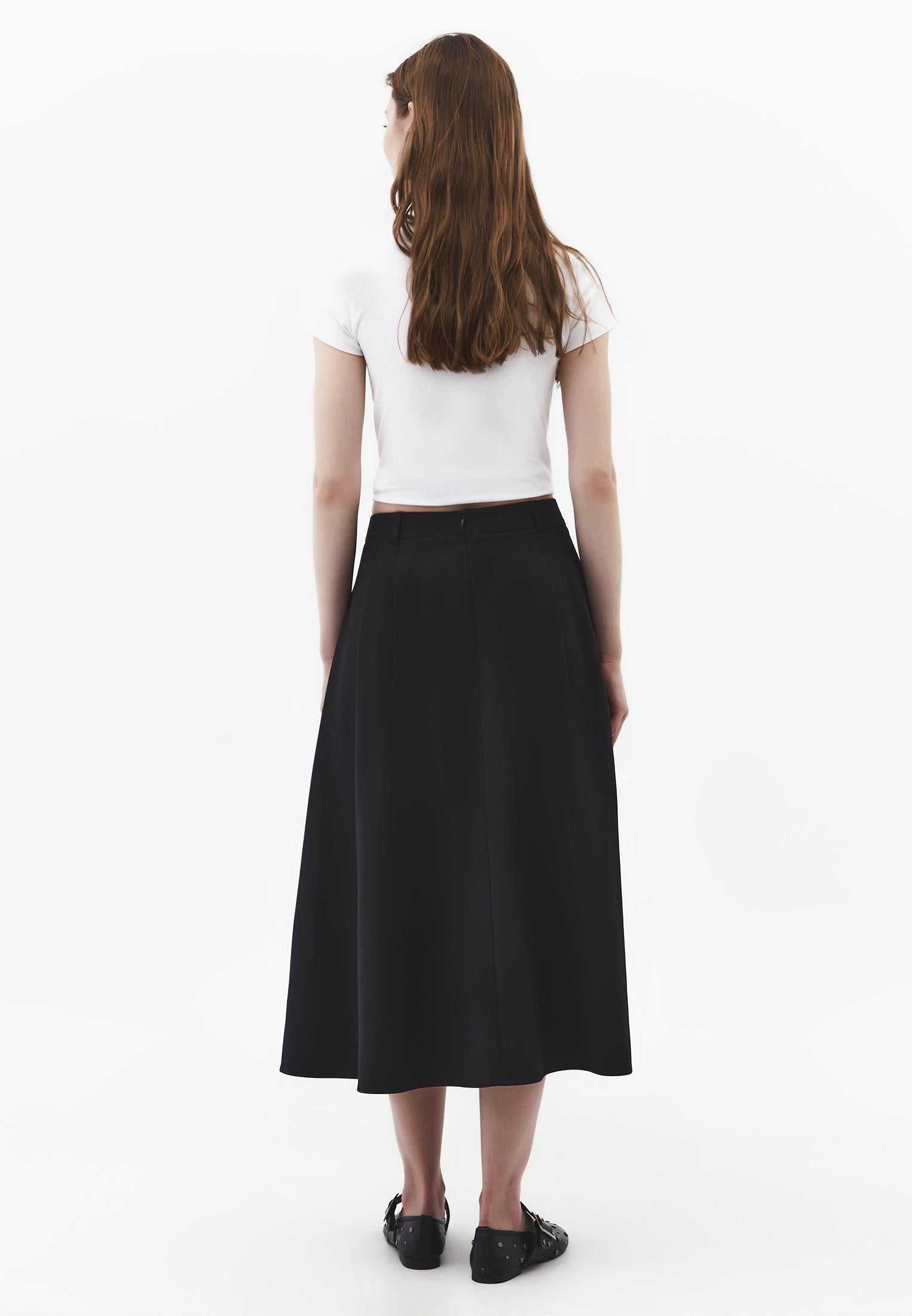 Long Pleated Flared Skirt - BLACK