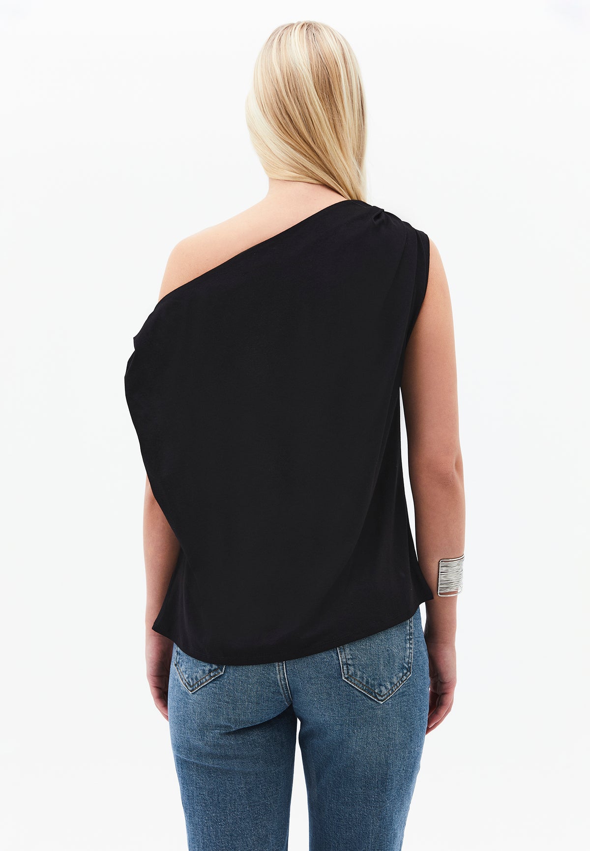 Pleated Asymmetric T-Shirt - Black