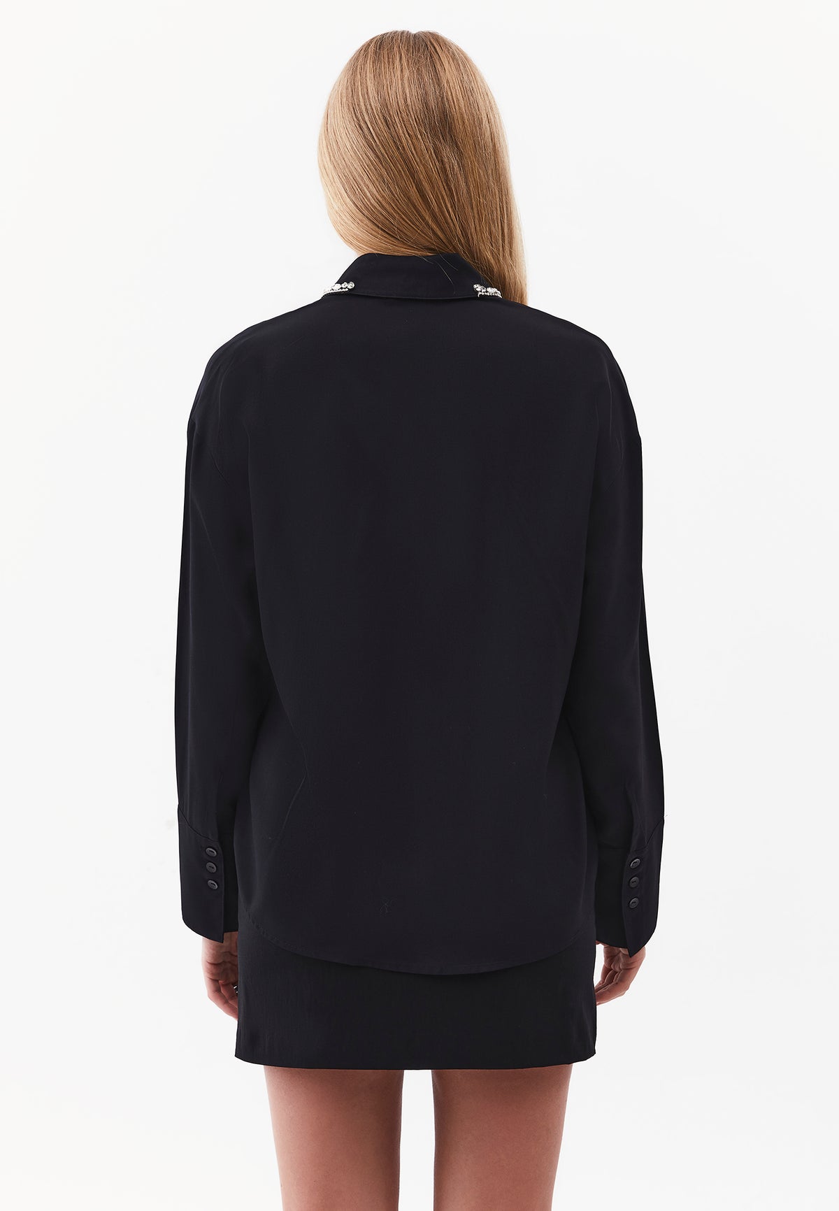 Long Sleeve Shirt with Stone Details and Shirt Collar - Black