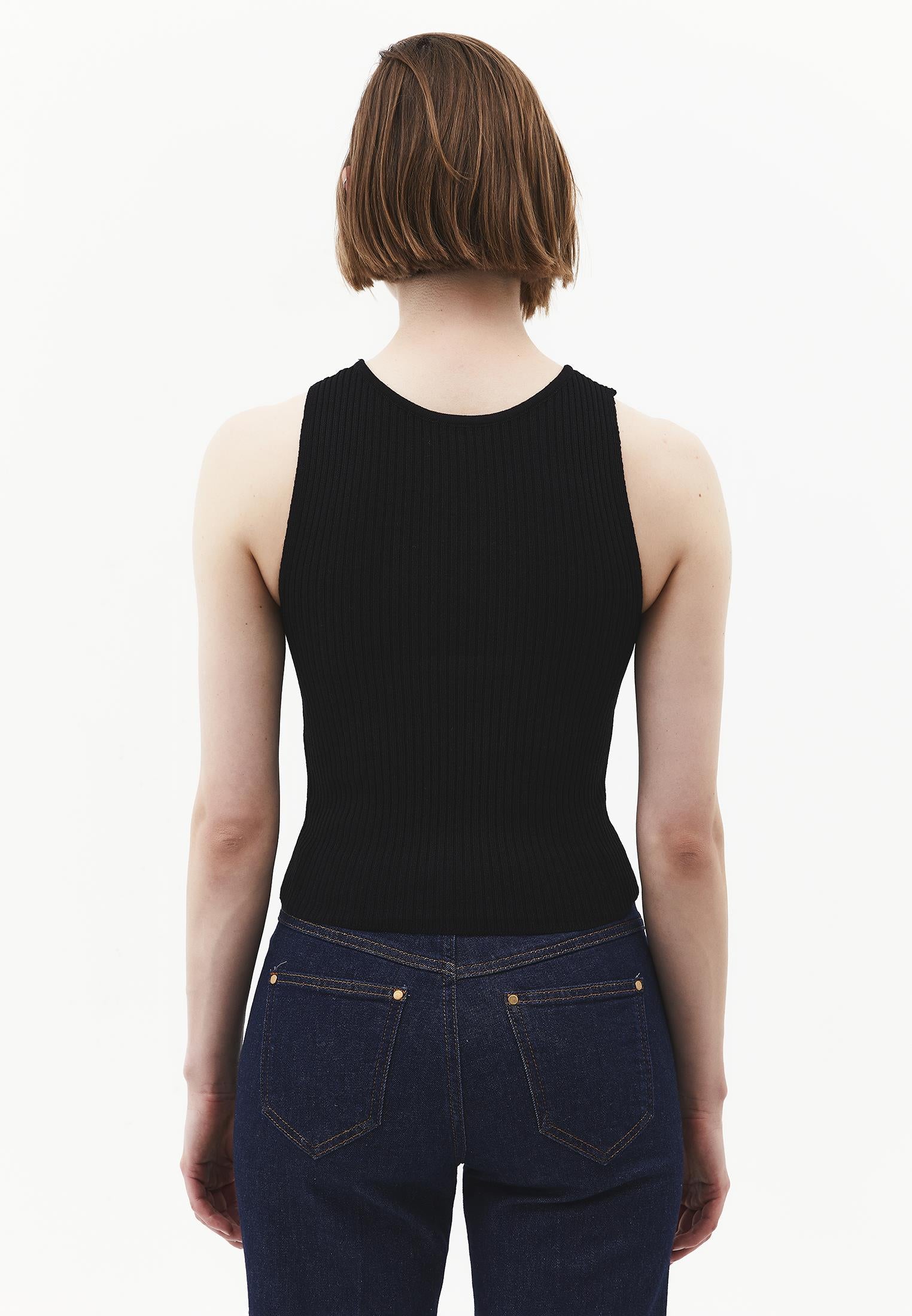 Ribbed Tank Top With Boat Neck - BLACK