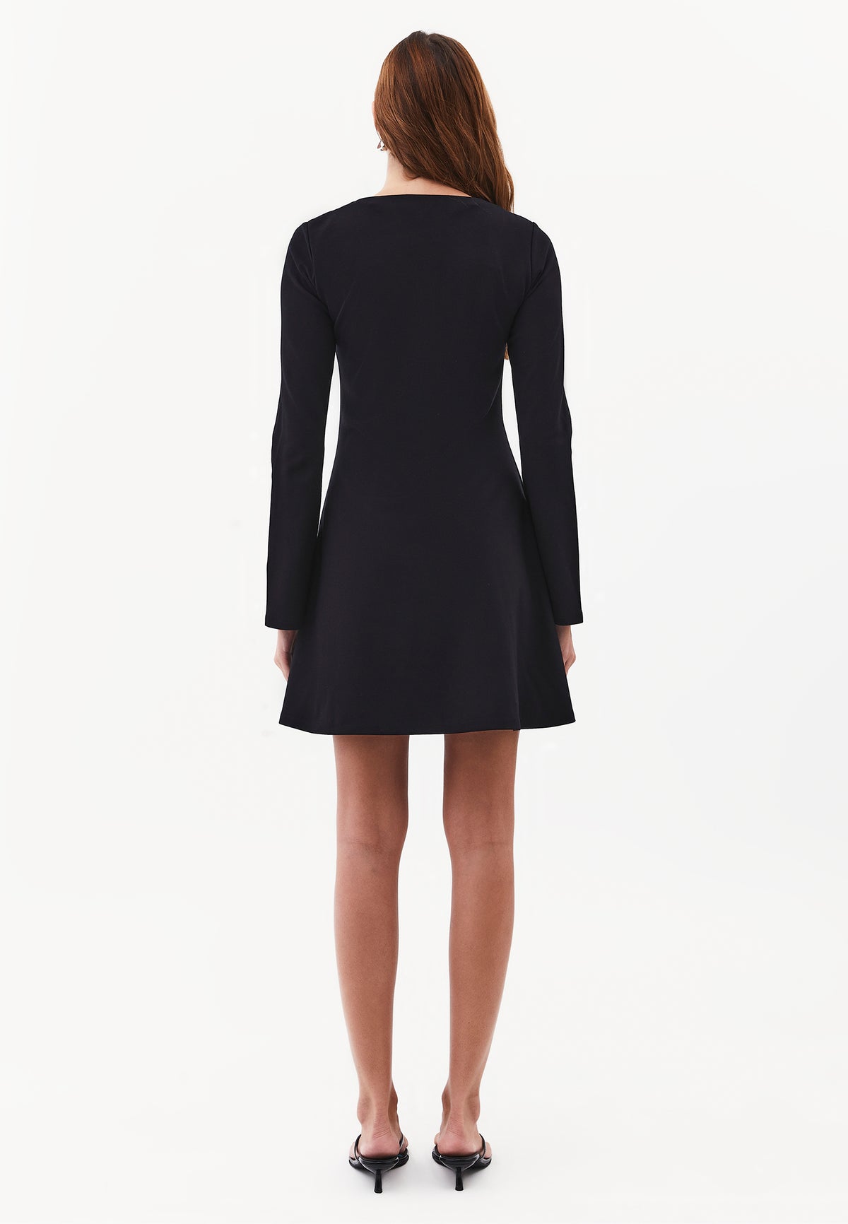 Flared Dress with Stand Collar and Long Sleeves - Black