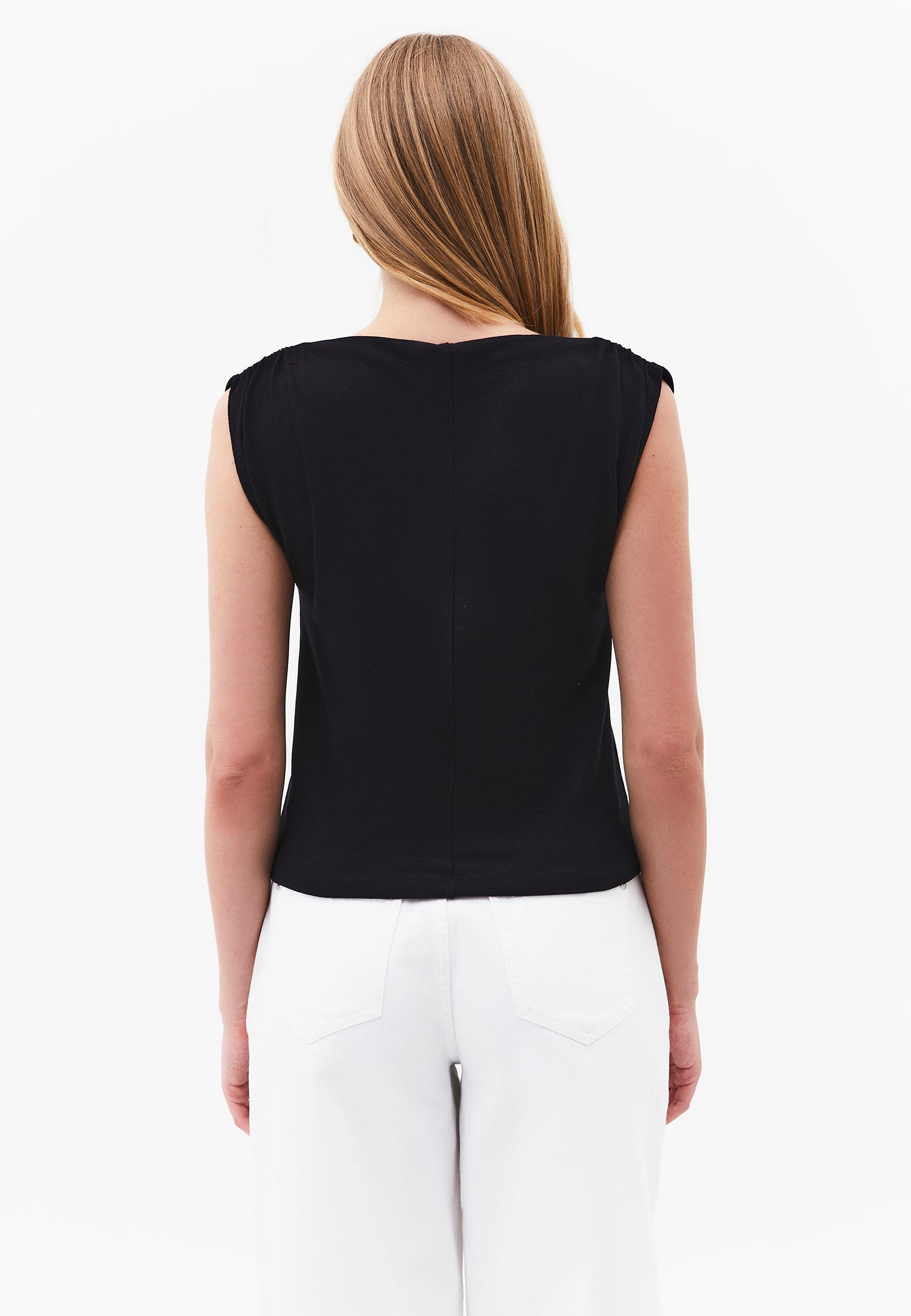 Gathered Boat Neck Tank Top - BLACK