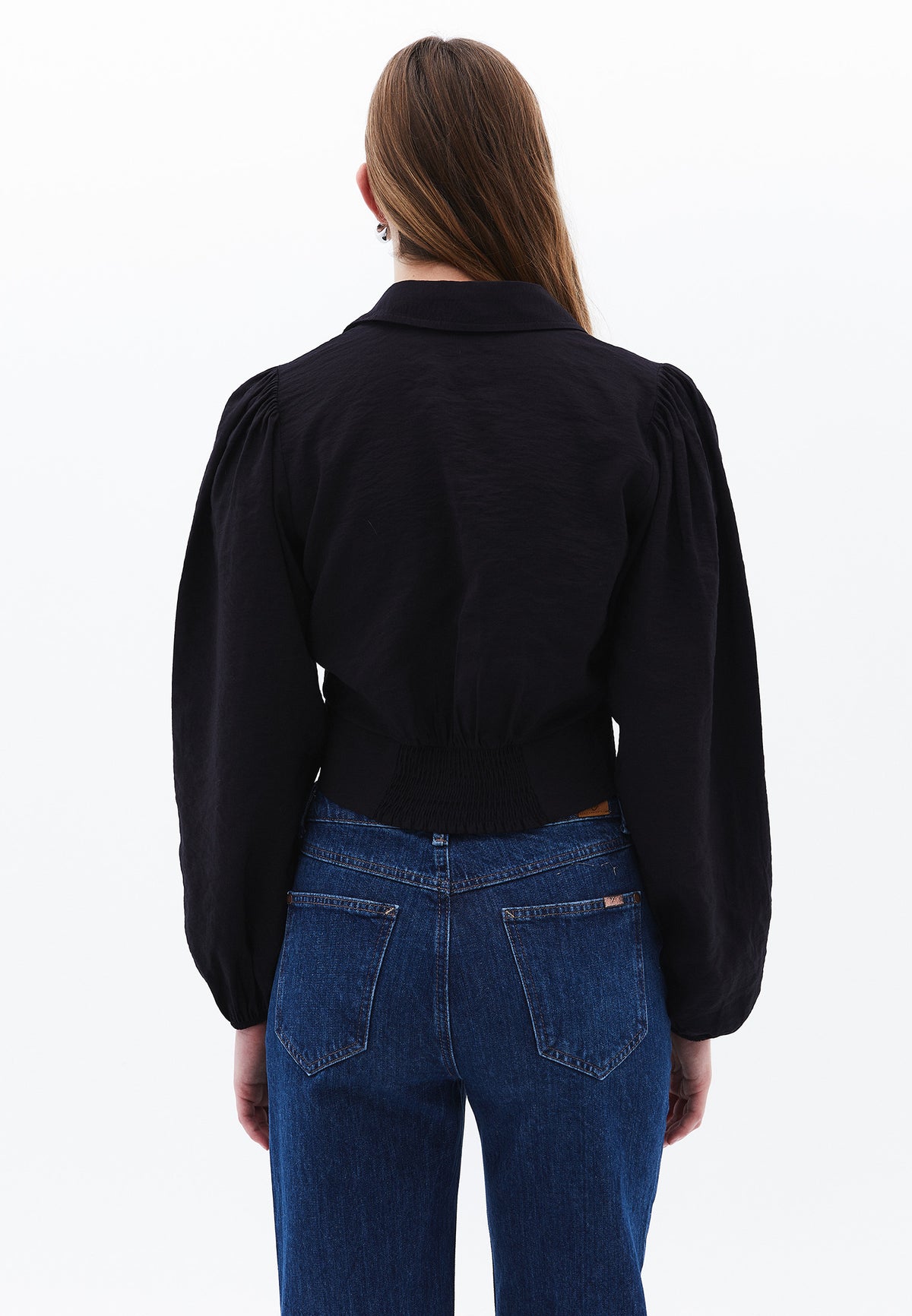 V Neck Cropped Blouse - Black