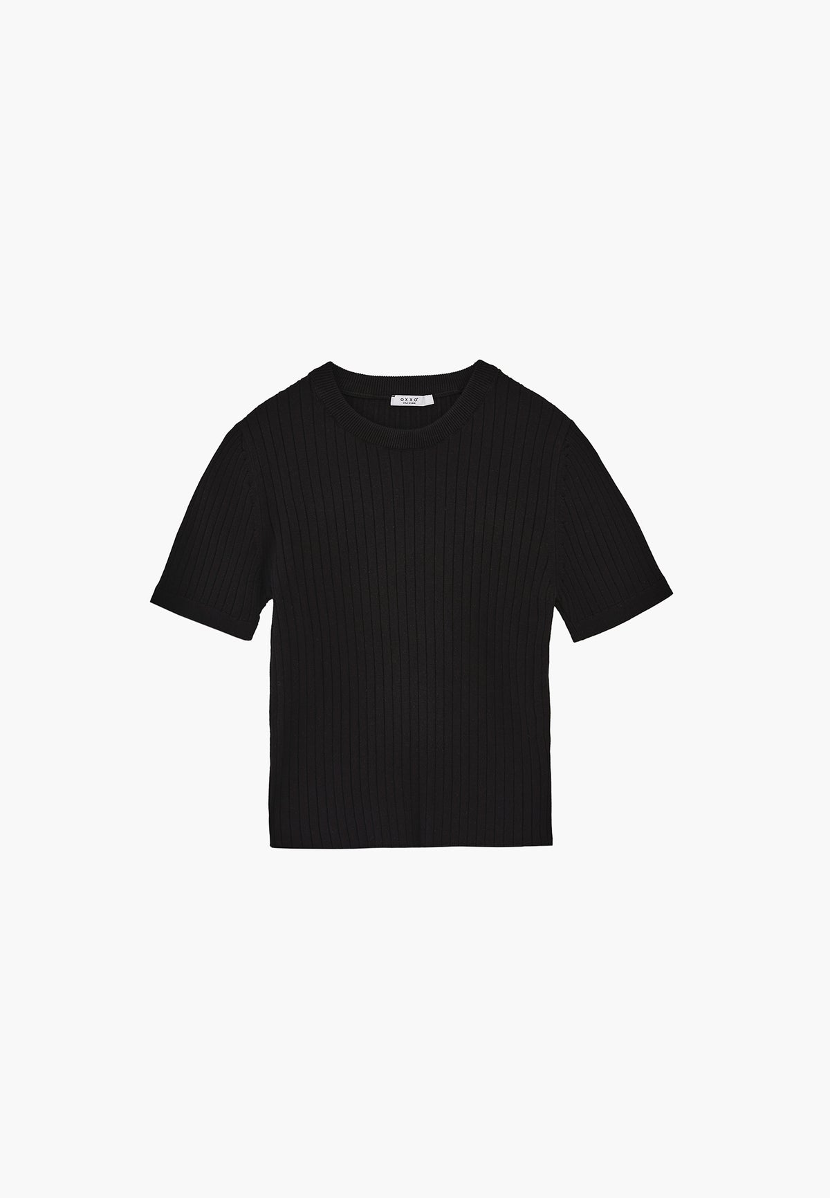 Ribbed Crew Neck Short Sleeve Sweater - BLACK