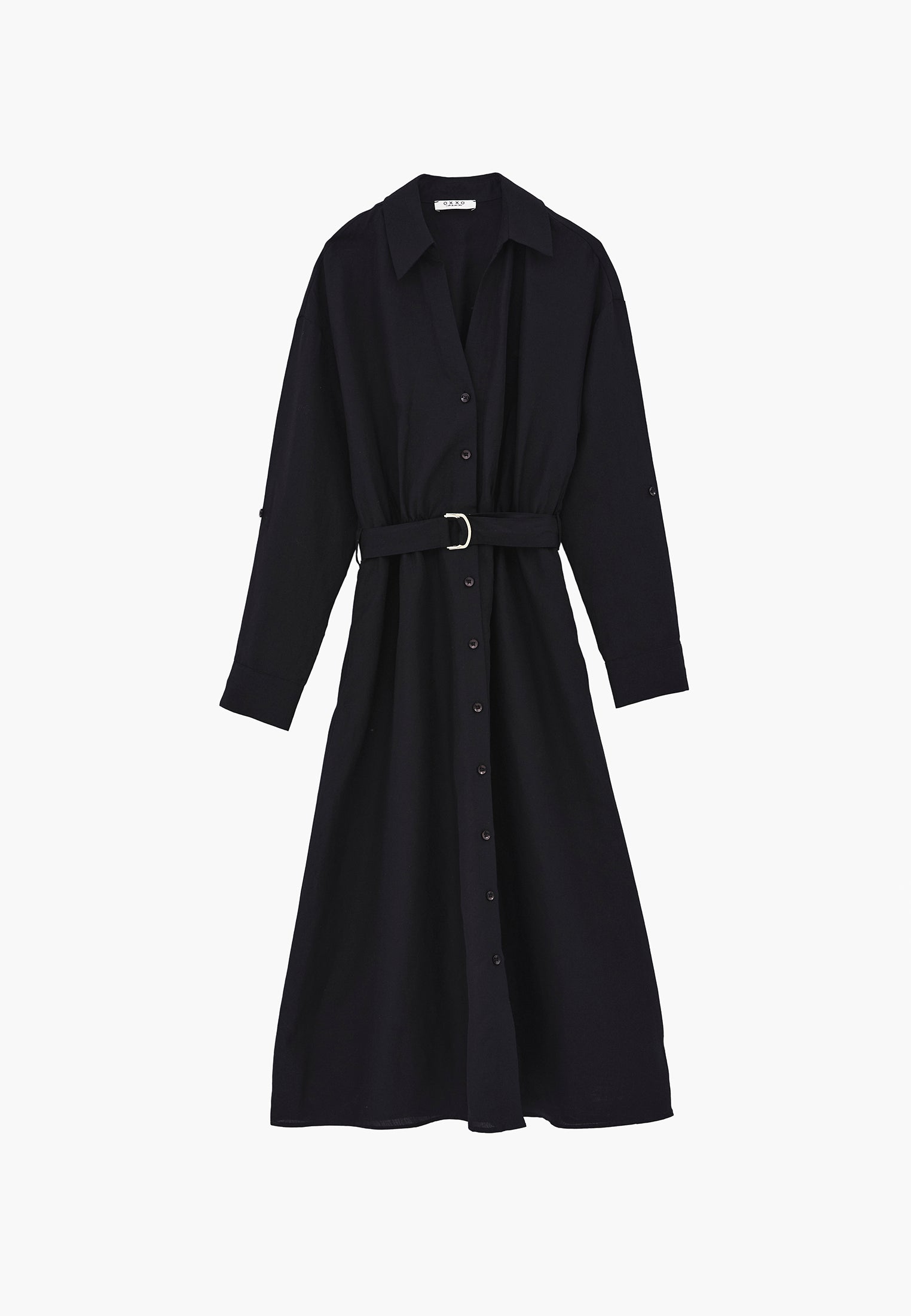 Long shirt collar dress with belt detail - BLACK