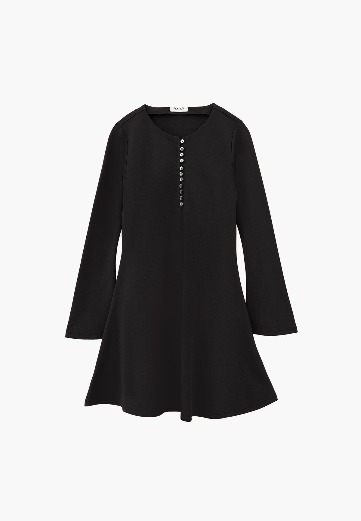 Flared Dress with Stand Collar and Long Sleeves - Black