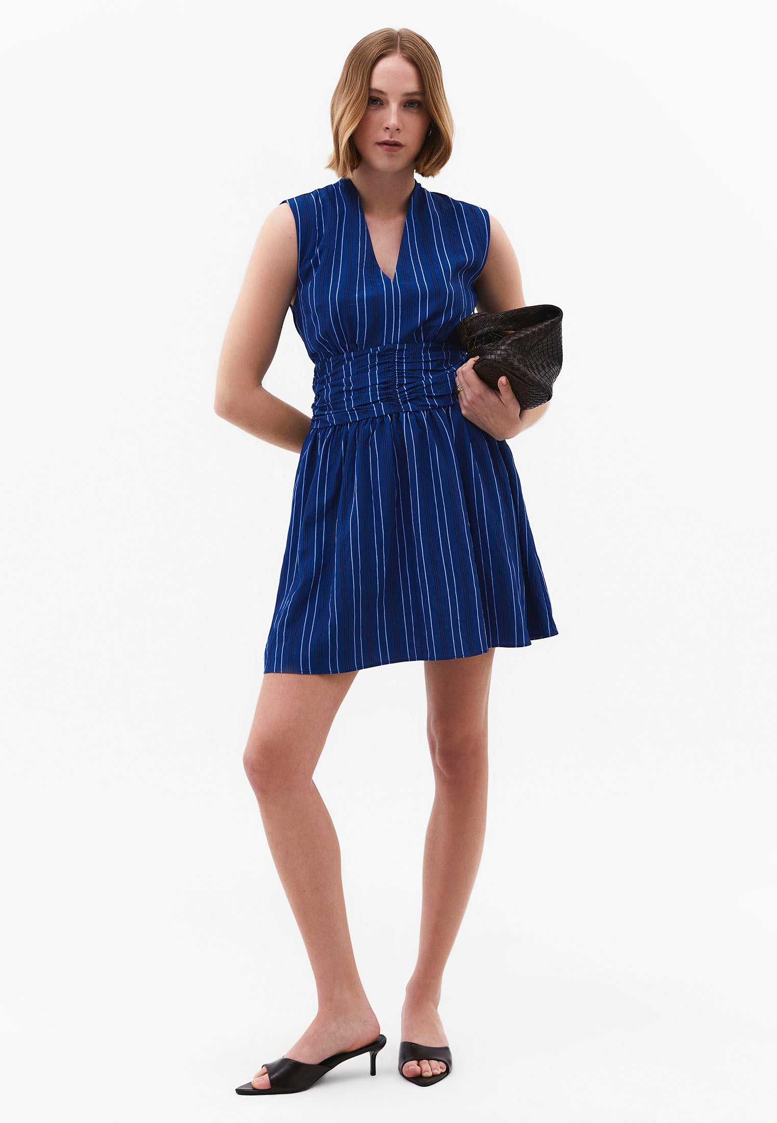 Ruched Deep V-Neck Short Dress - BLUE STRIPE COMB