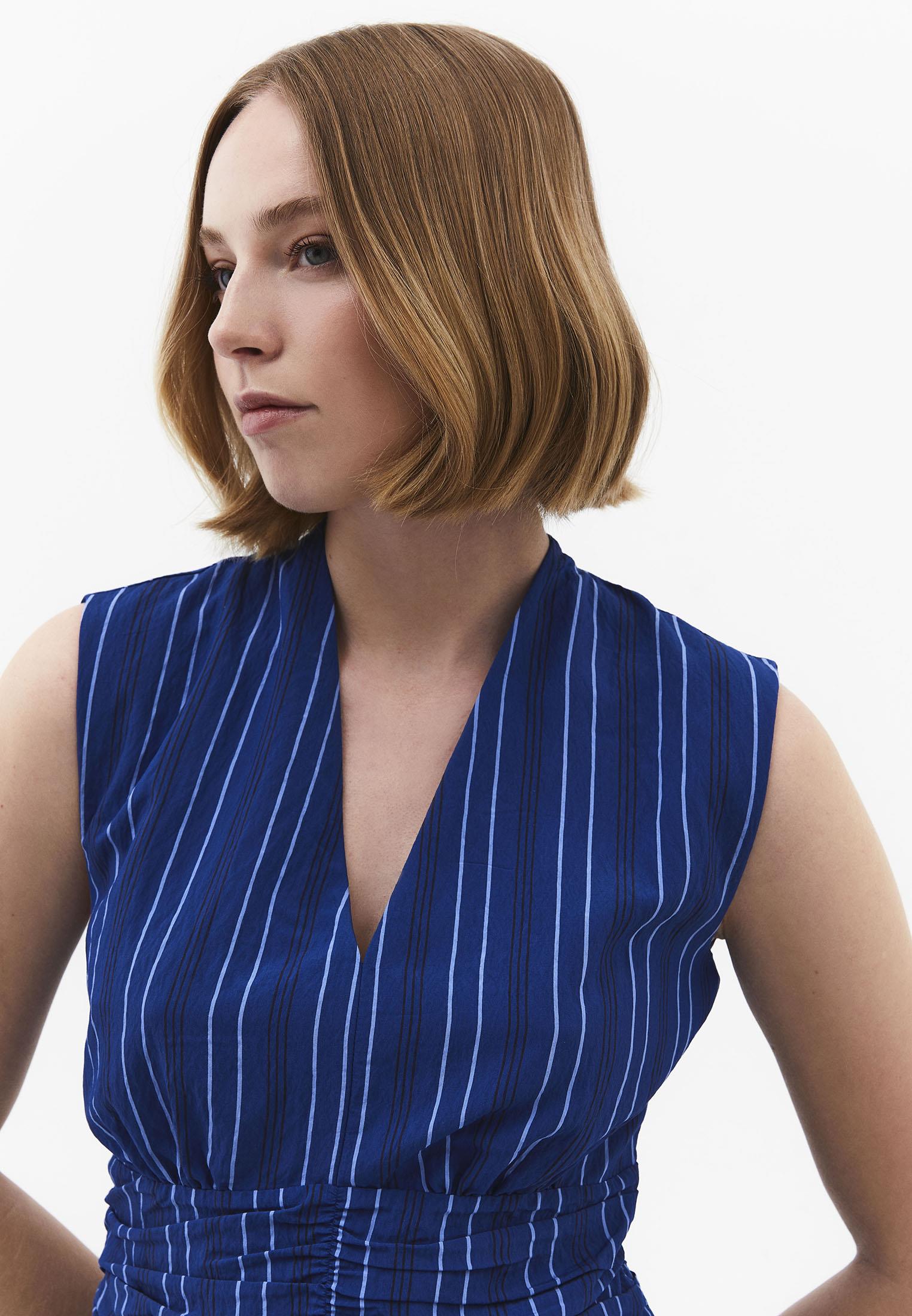 Ruched Deep V-Neck Short Dress - BLUE STRIPE COMB