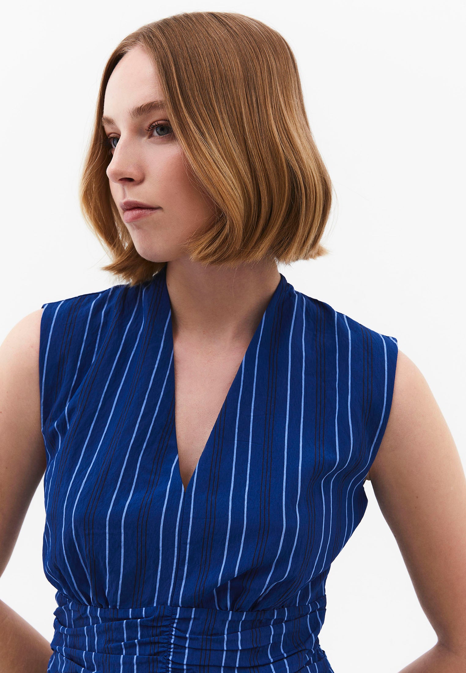Ruched Deep V-Neck Short Dress - BLUE STRIPE COMB