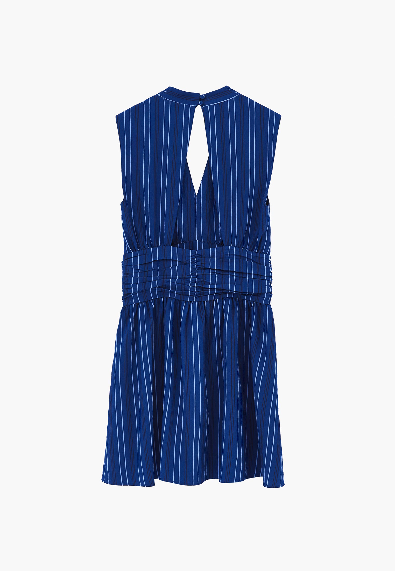Ruched Deep V-Neck Short Dress - BLUE STRIPE COMB
