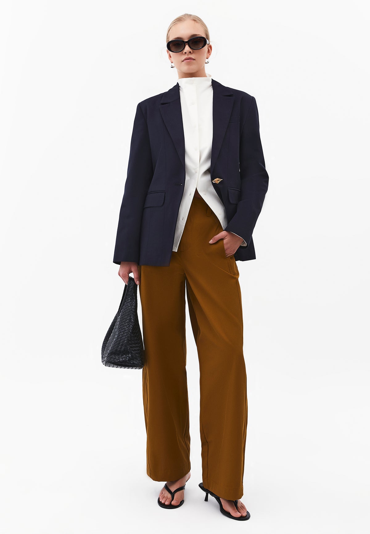 Straight Leg Pants with Ultra High Waist and Belt Detail - BRONZE BROWN