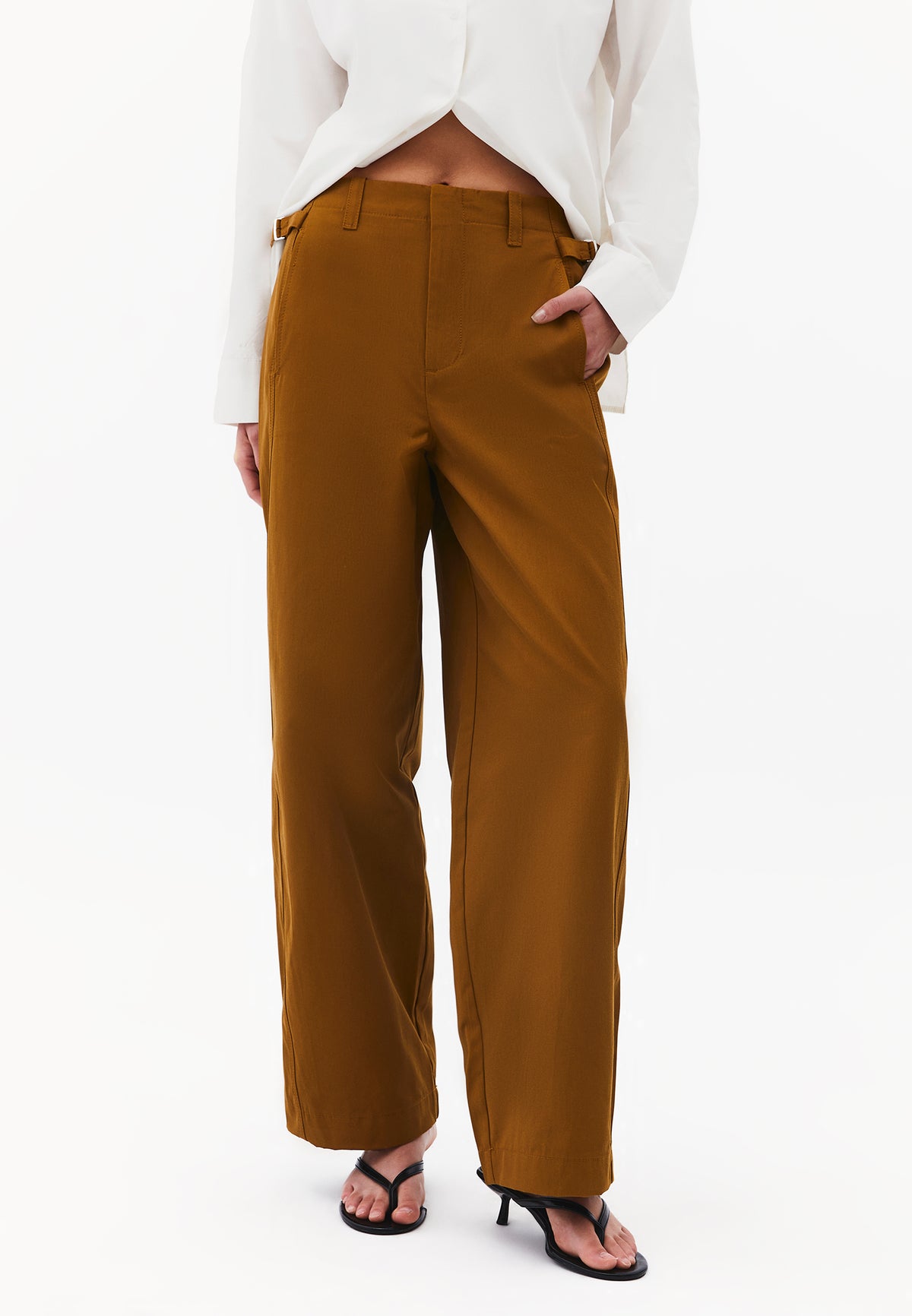 Straight Leg Pants with Ultra High Waist and Belt Detail - BRONZE BROWN