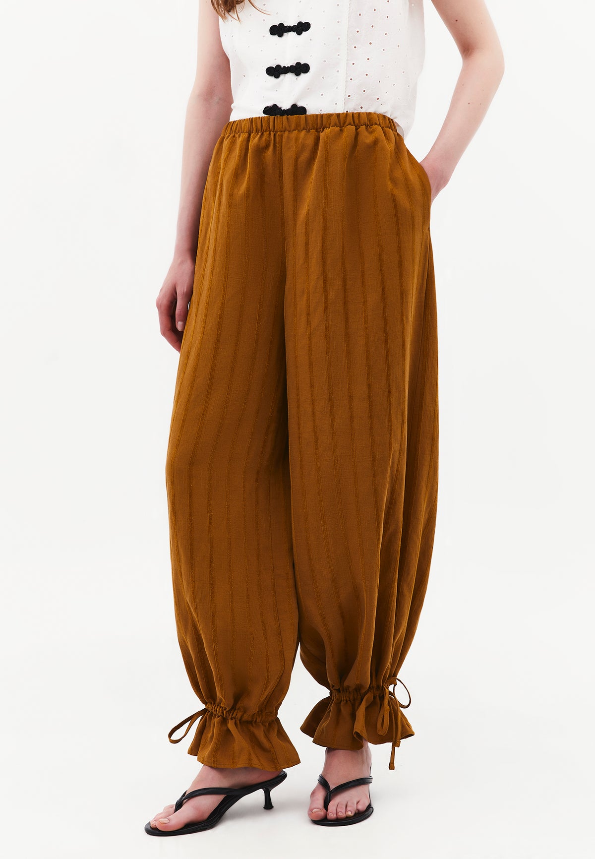 Tie-Waist High Rise Jogger Pants - BRONZE BROWN