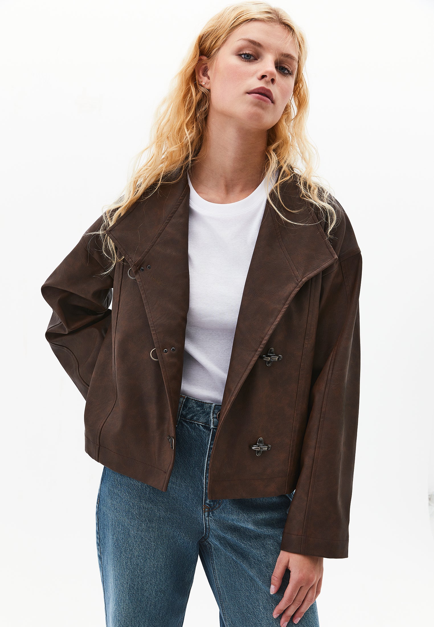 Shawl collar leather jacket - BRUNETTE