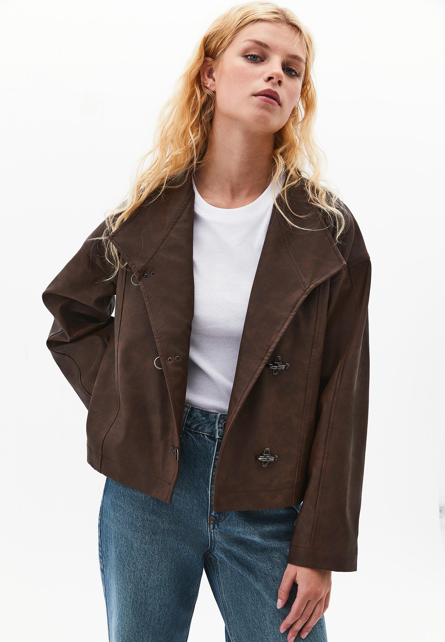 Shawl Collar Leather Jacket - BRUNETTE