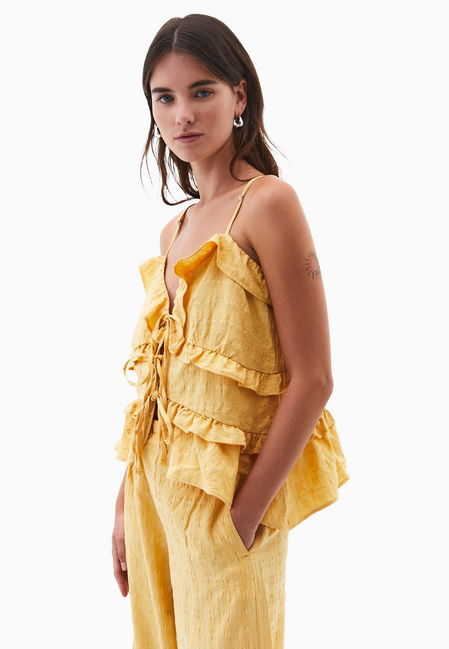 Jacquard V Neck Blouse - BUFF YELLOW