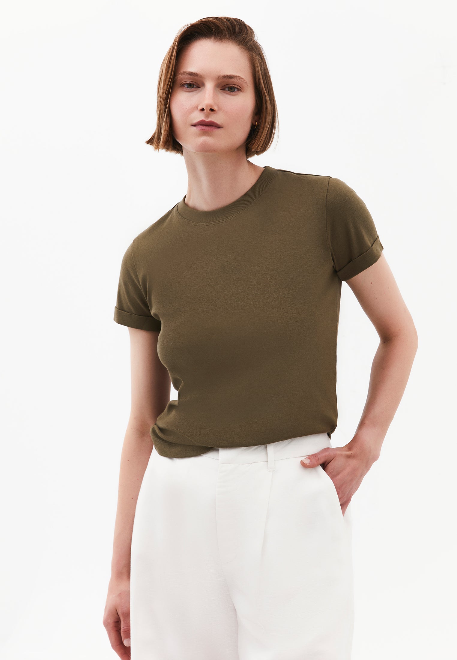 Women's Crew Neck Short Sleeve T-Shirt - BURNT OLIVEE
