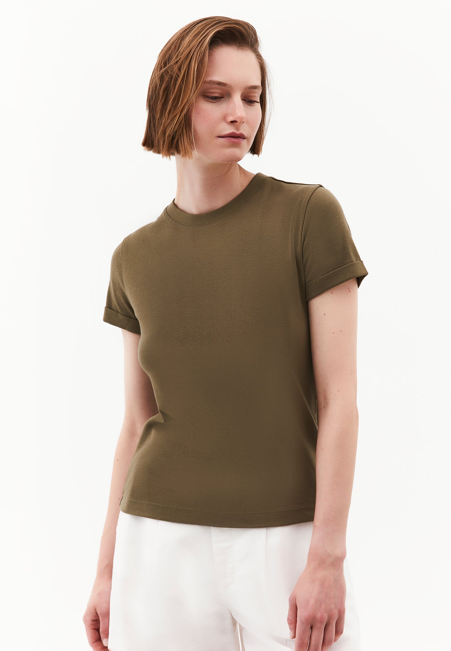 Women's Crew Neck Short Sleeve T-Shirt - BURNT OLIVEE