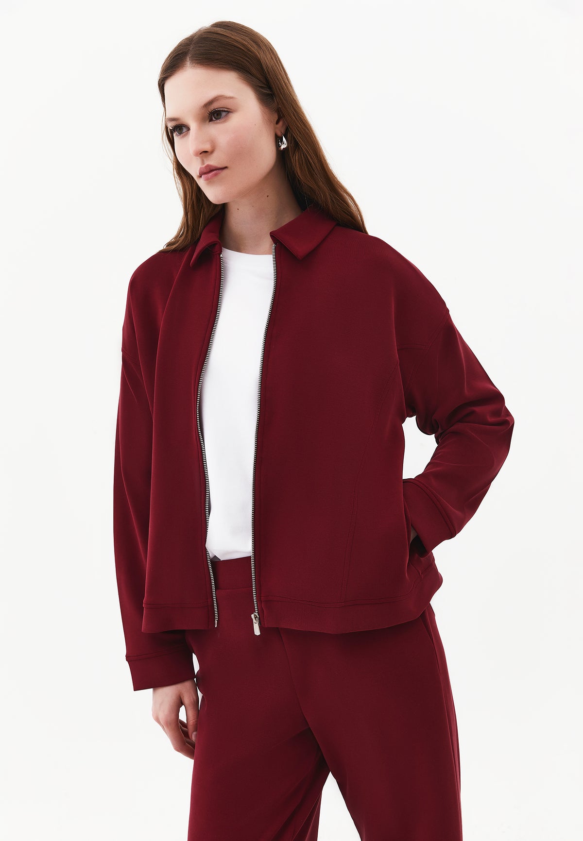 Zip Detail Polo Collar Sweatshirt - CABERNET
