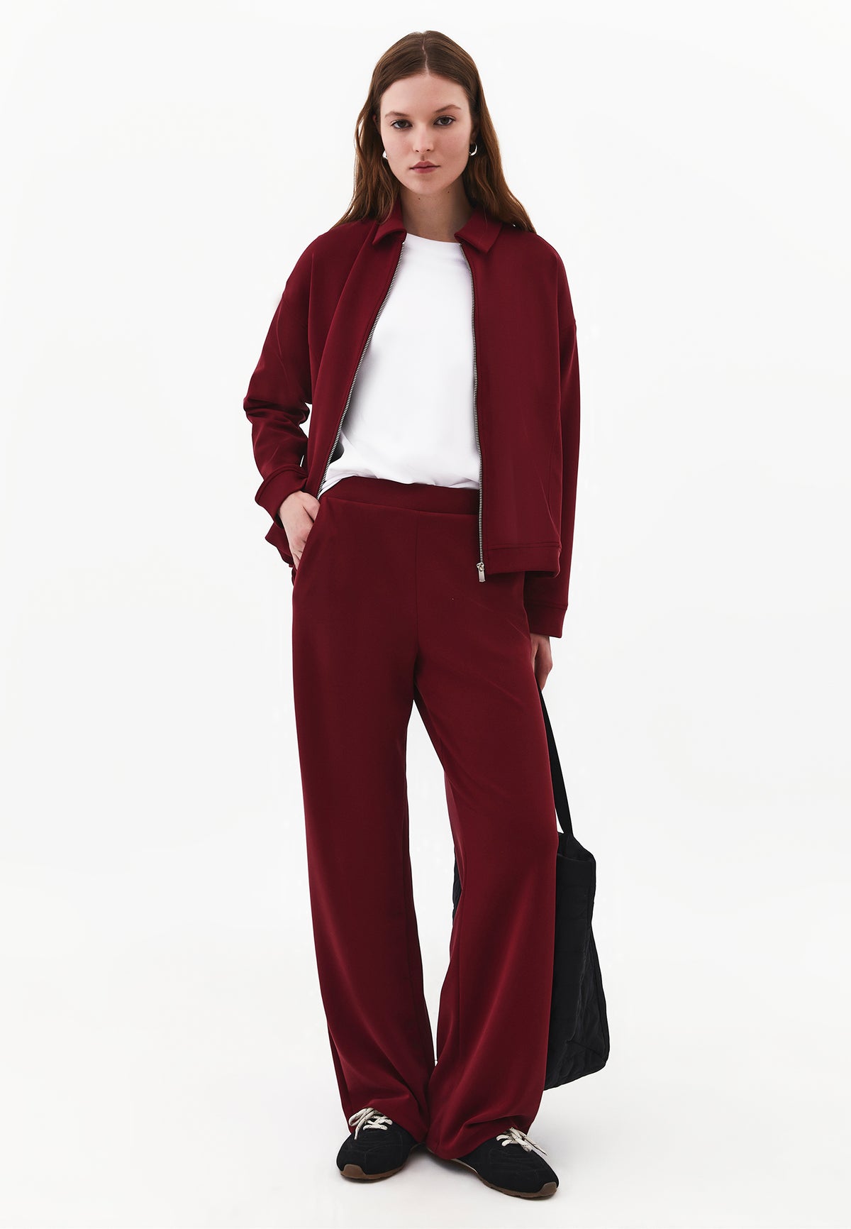 Zip Detail Polo Collar Sweatshirt - CABERNET