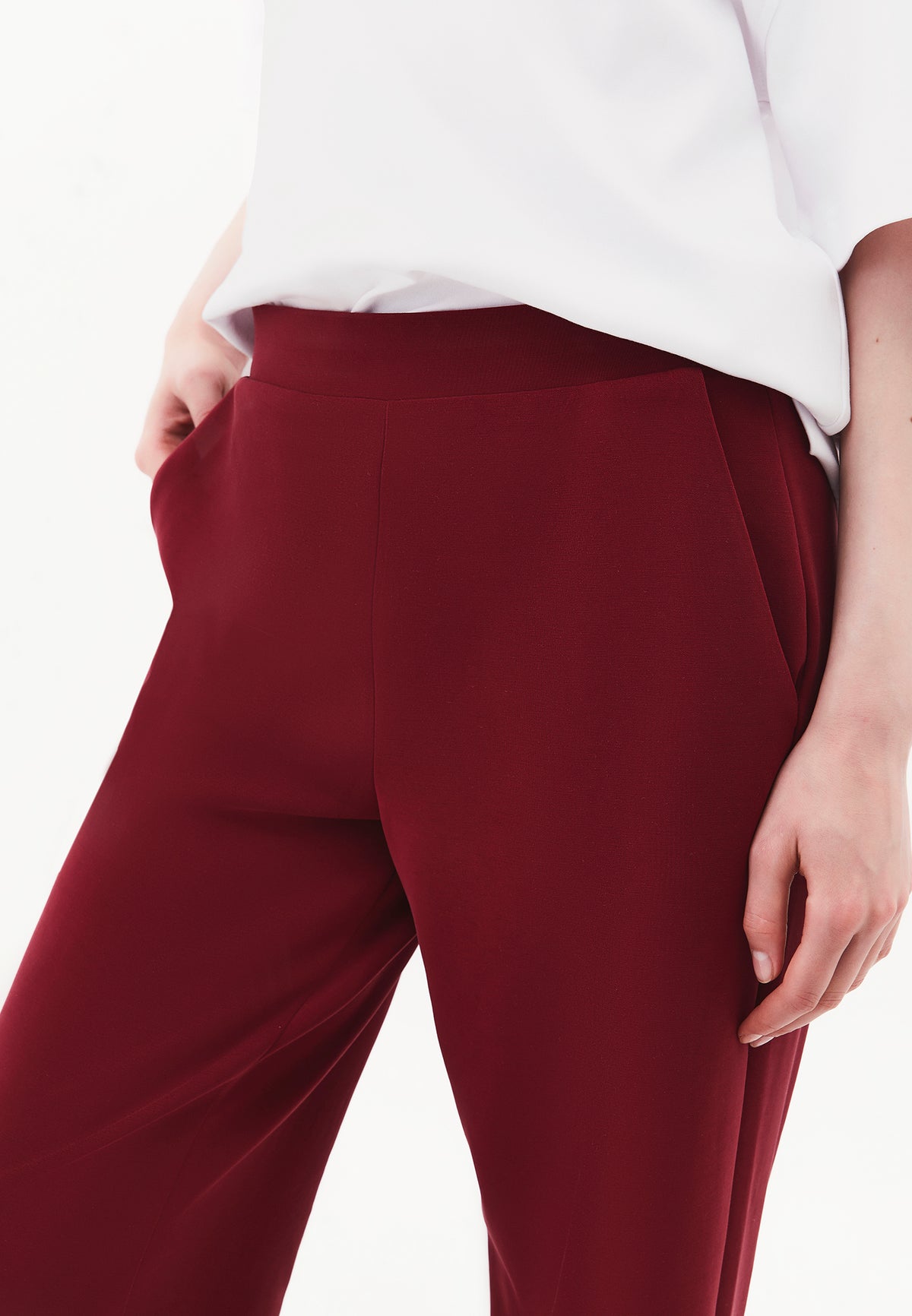 Women High Waist Straight Leg Pocket Detail Pants - CABERNET