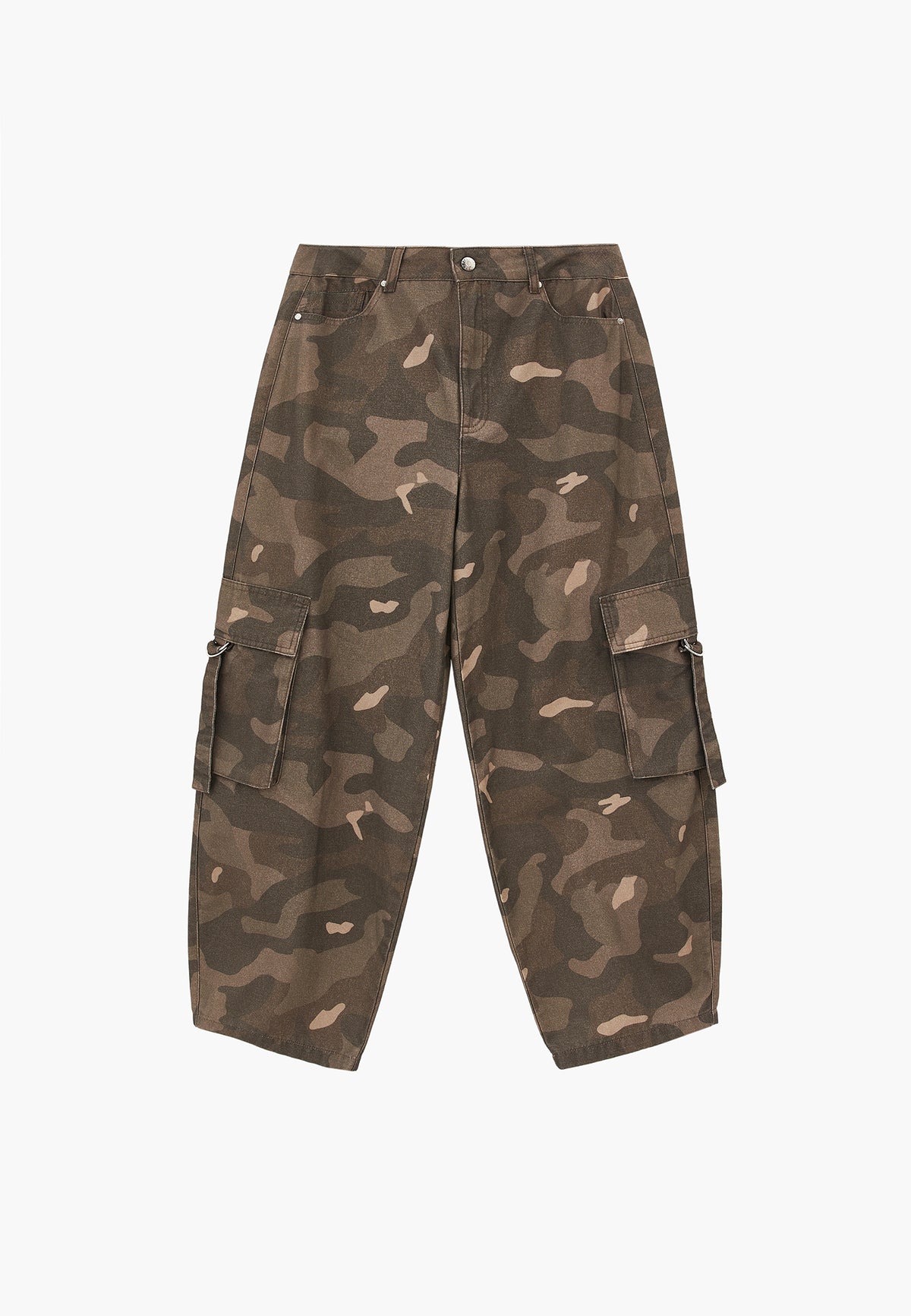 Camouflage Patterned Barrel Leg Cargo Pants - Green