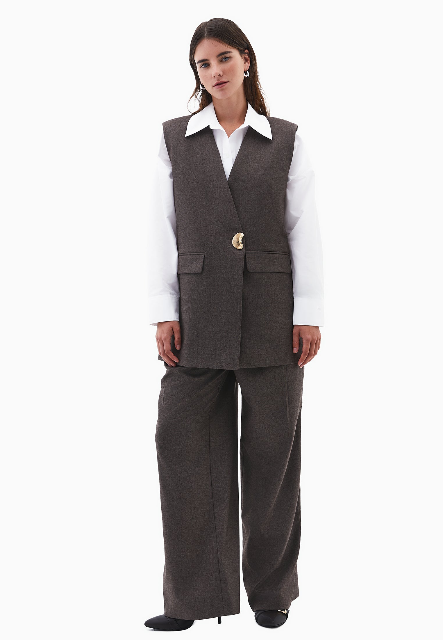 V Neck Button Detailed Oversize Vest - CARAFE MELANGE