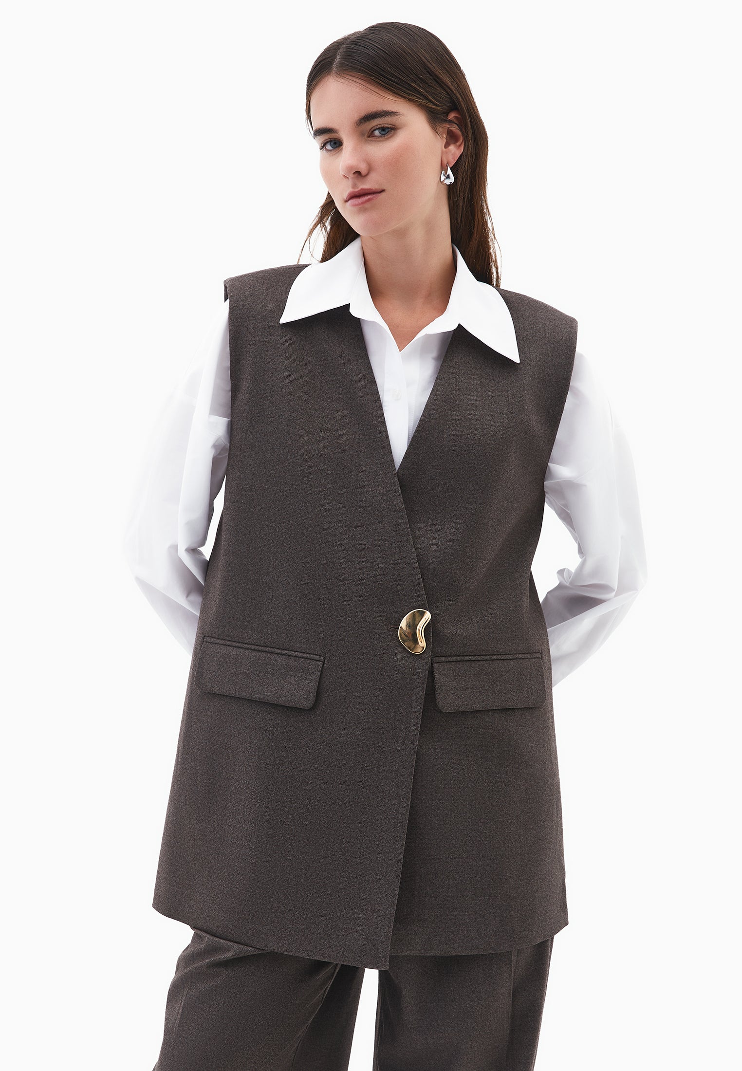 V Neck Button Detailed Oversize Vest - CARAFE MELANGE