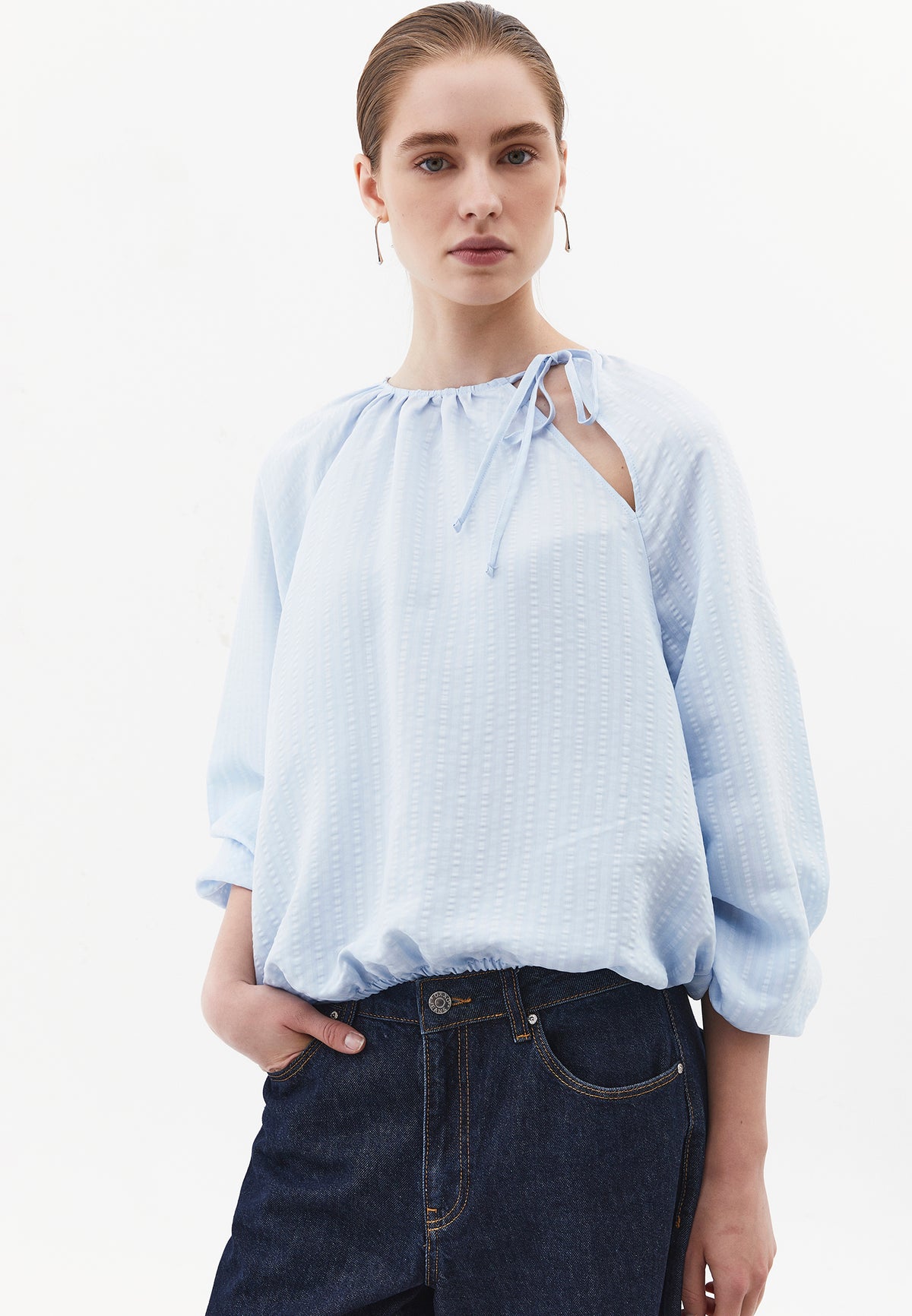 Balloon Shape High Neck Long Sleeve Blouse - Blue