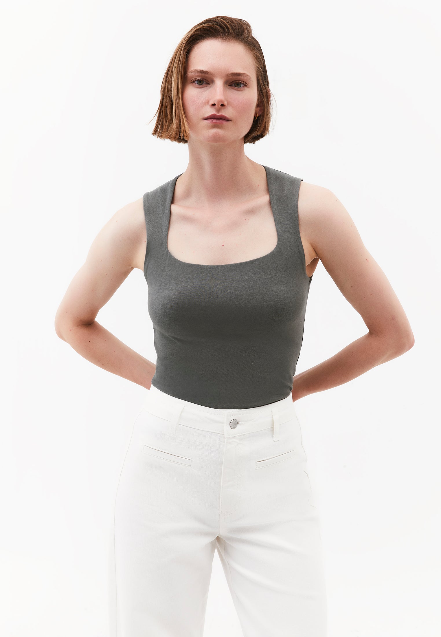 Square Neck Bodycon Standard Tank Top - CASTOR GRAY