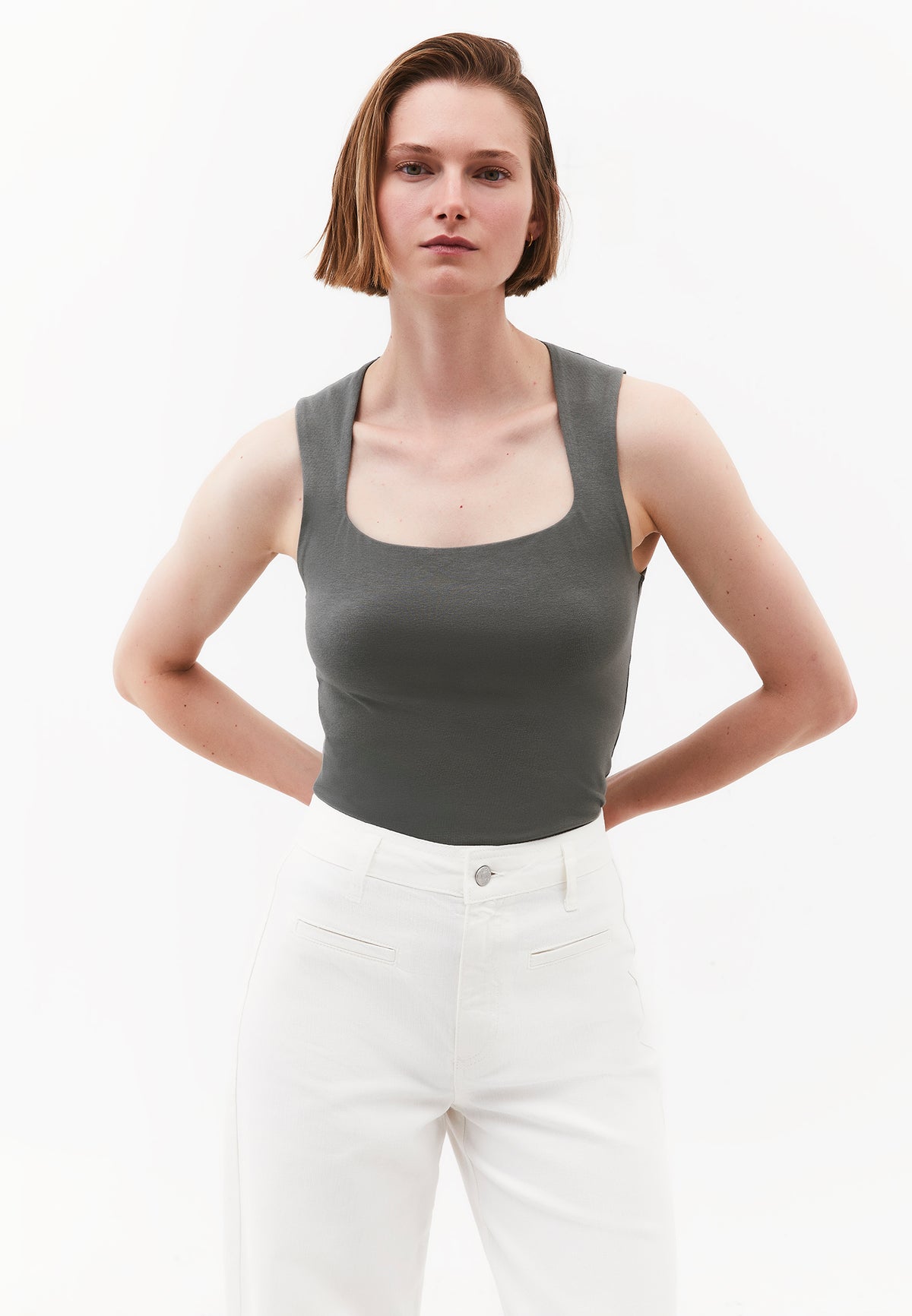 Square Neck Bodycon Standard Tank Top - Grey
