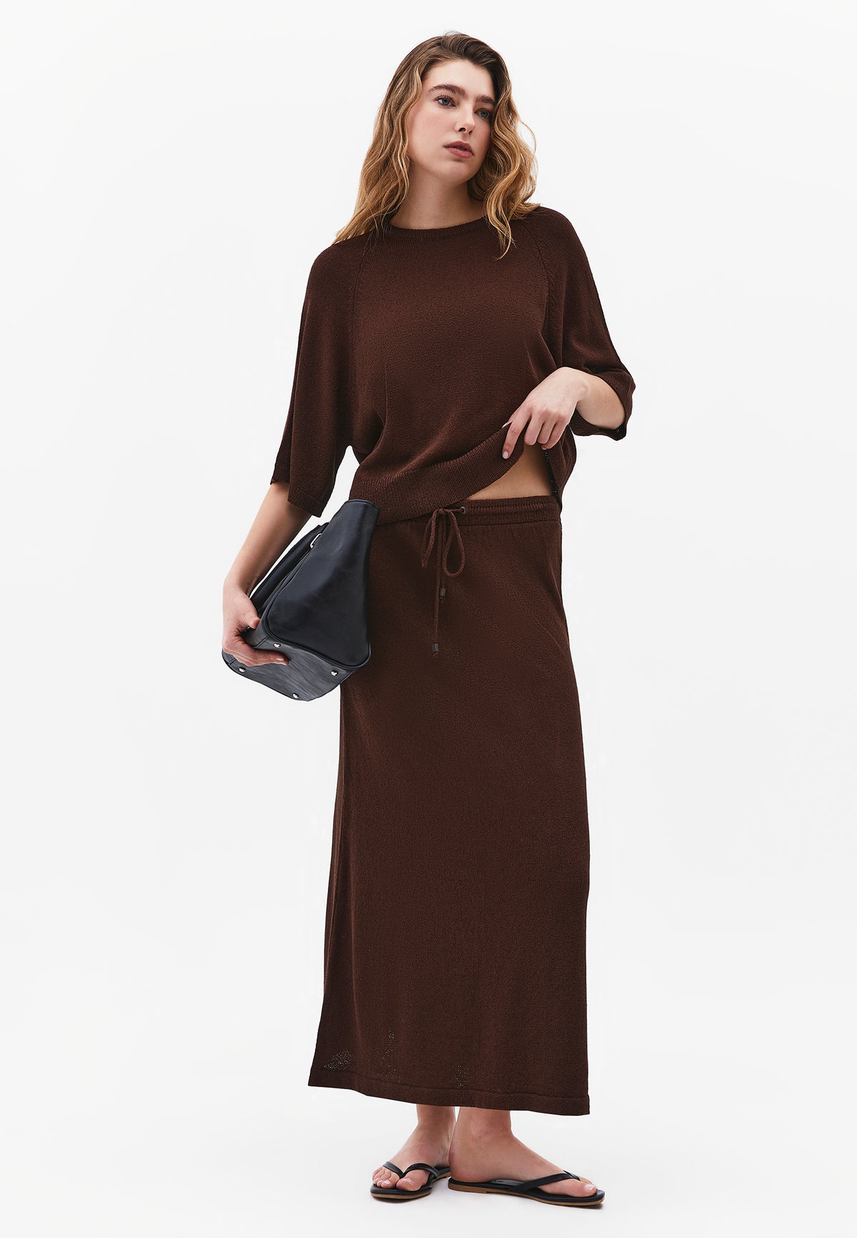 Raglan Sleeve Loose Fit Crew Neck Sweater - Brown