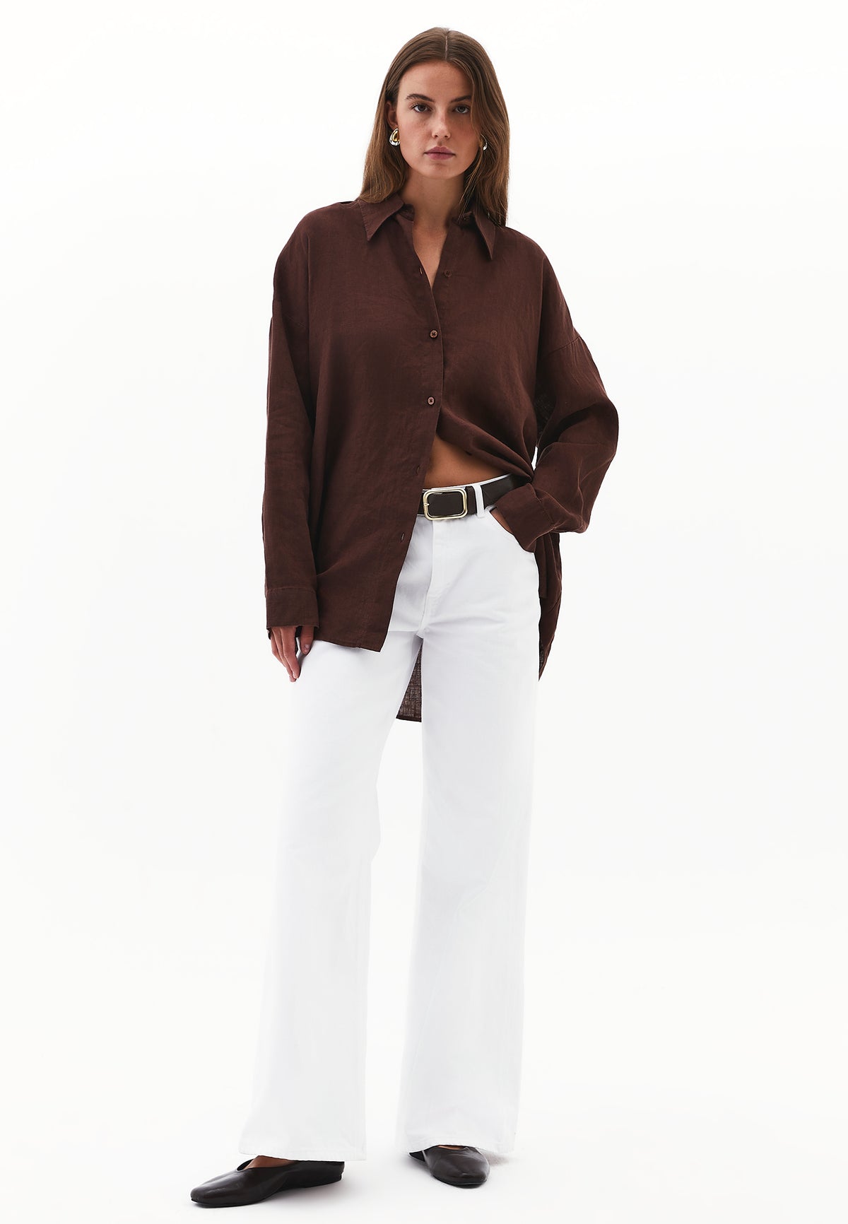 Linen Shirt With Large Fit And Buttons - Brown