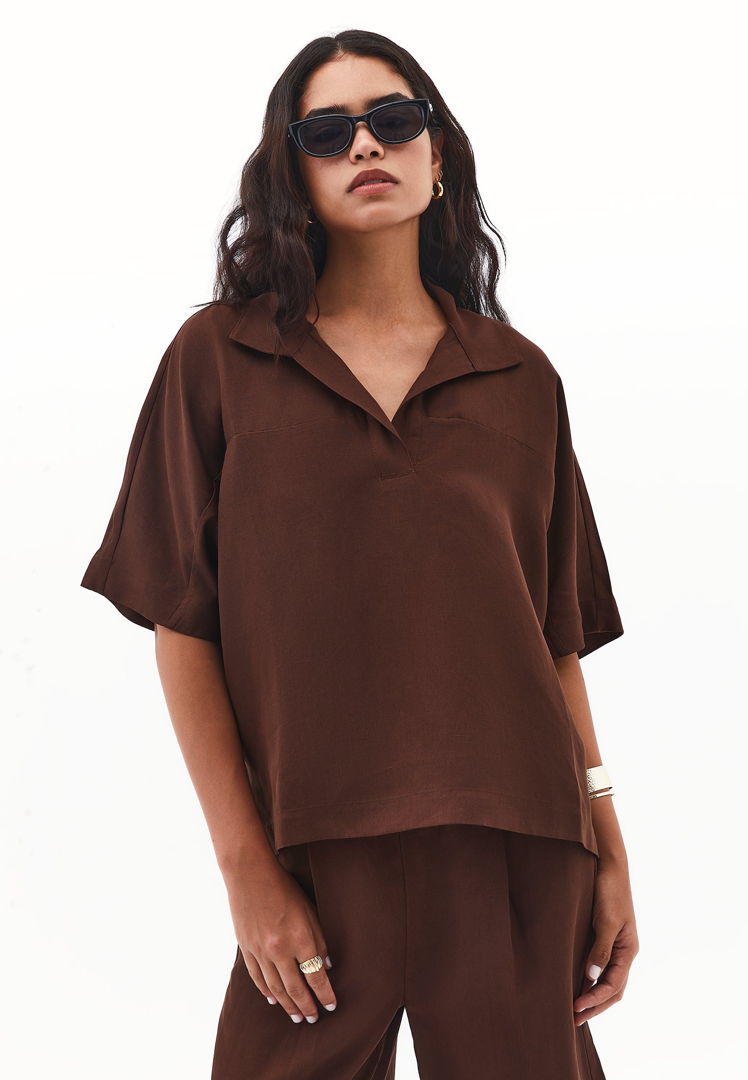 Polo neck oversize blouse - CHICORY COFFEE