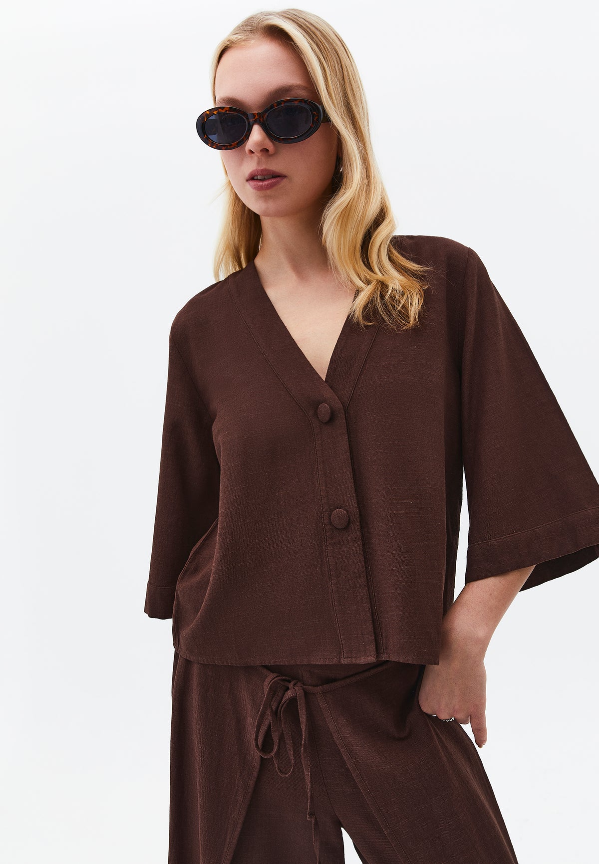 V Neck Button Detailed Blouse - Brown