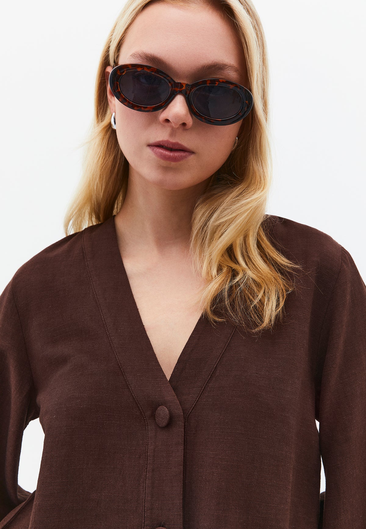 V Neck Button Detailed Blouse - Brown