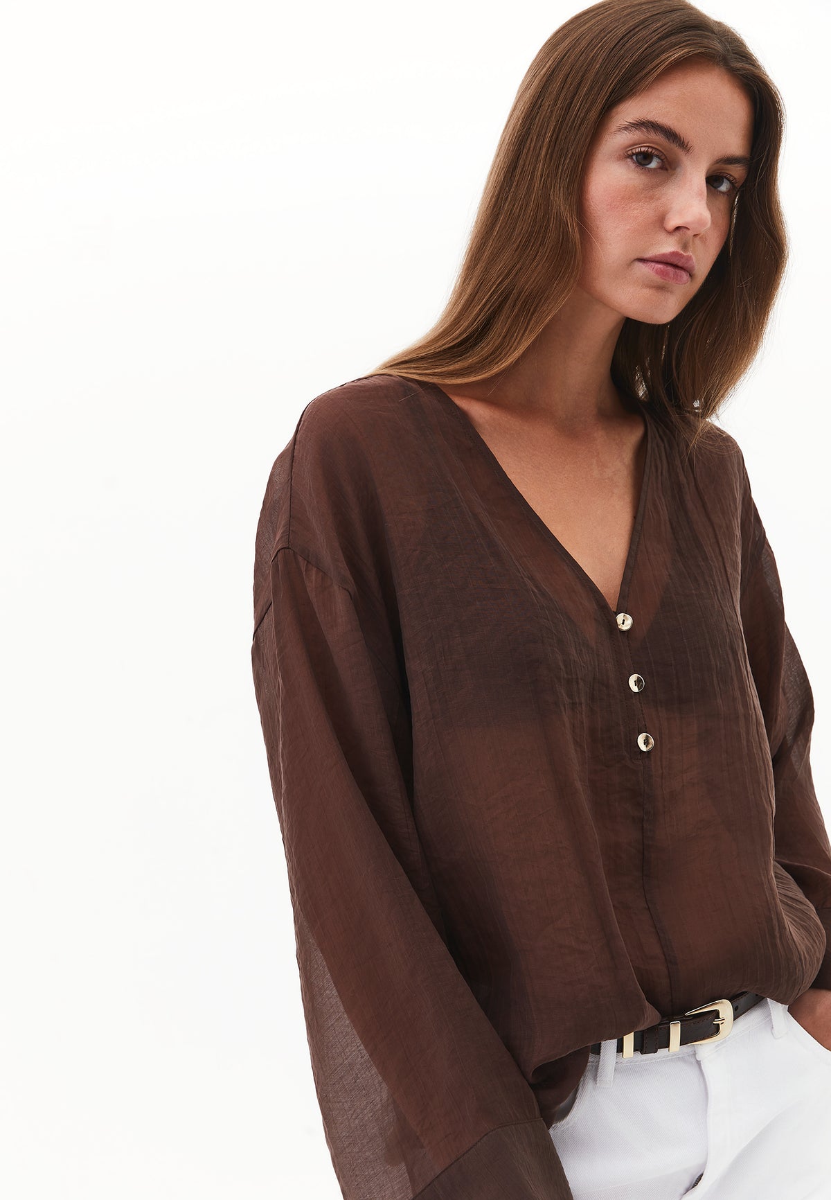 Tunic Blouse With Button Details - Brown