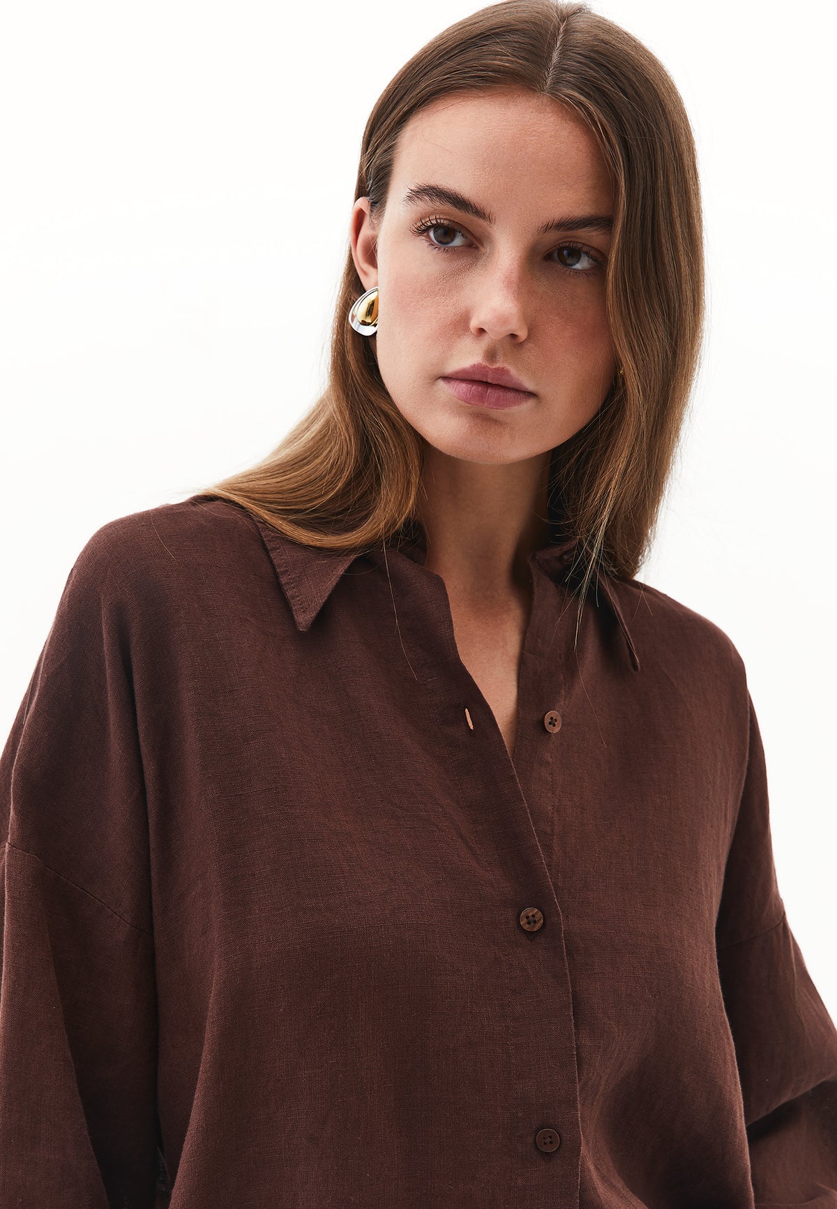 Linen Shirt With Large Fit And Buttons - Brown