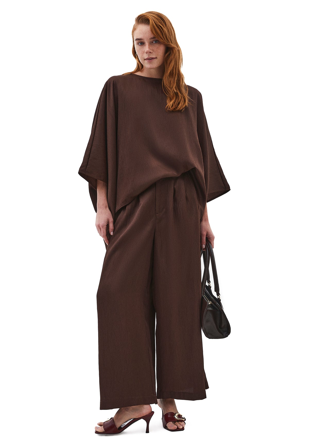 Boat Neck Long Sleeve Batwing And Tied Blouse - Brown