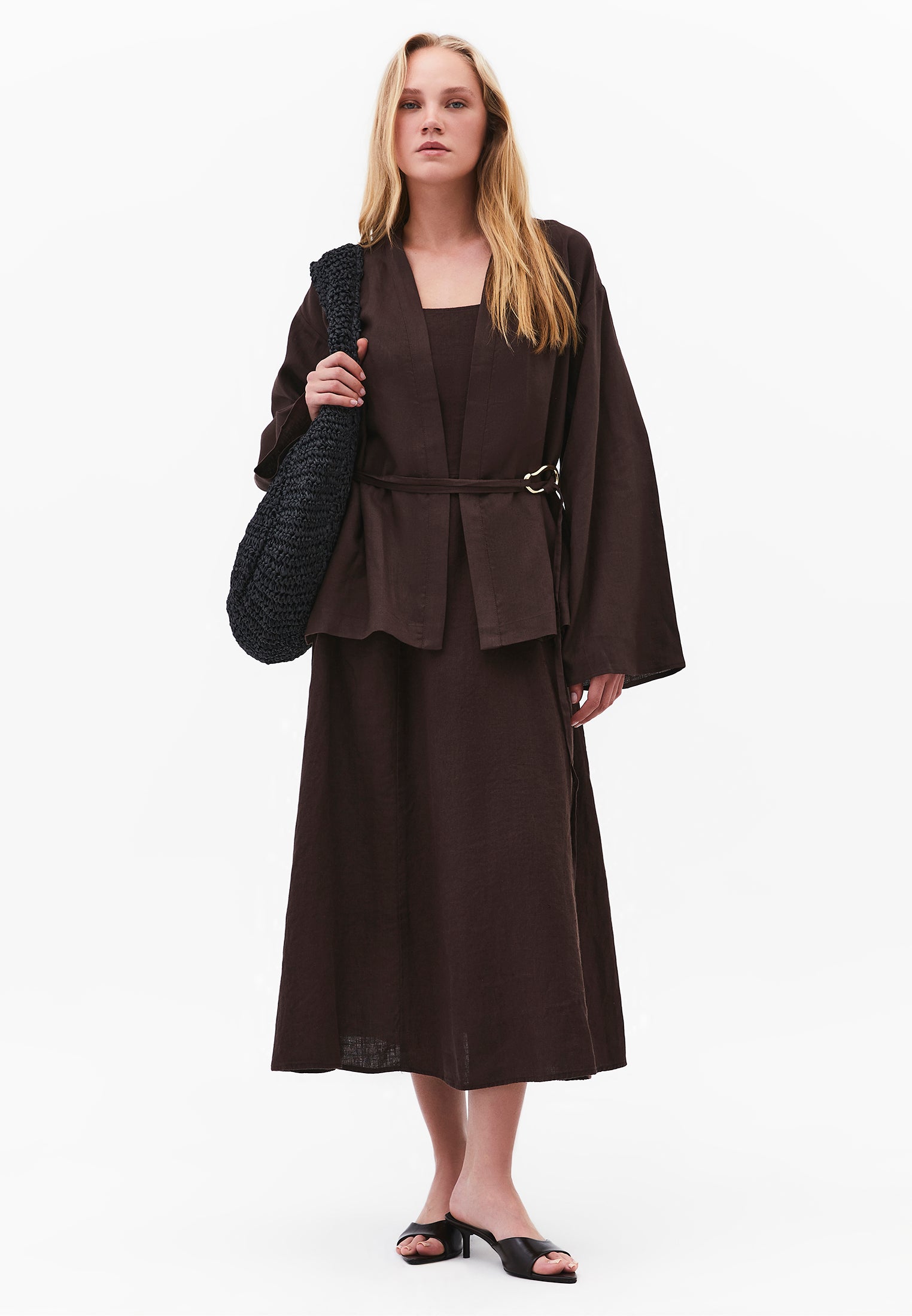 Oversize Jacket With Buckle Detail And Tie - CHOCOLATE BROWN