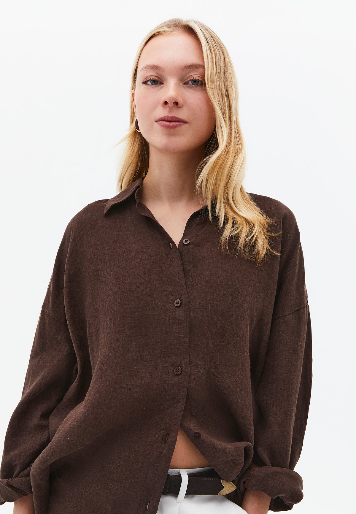 Oversize Shirt Collar Long Shirt - Brown