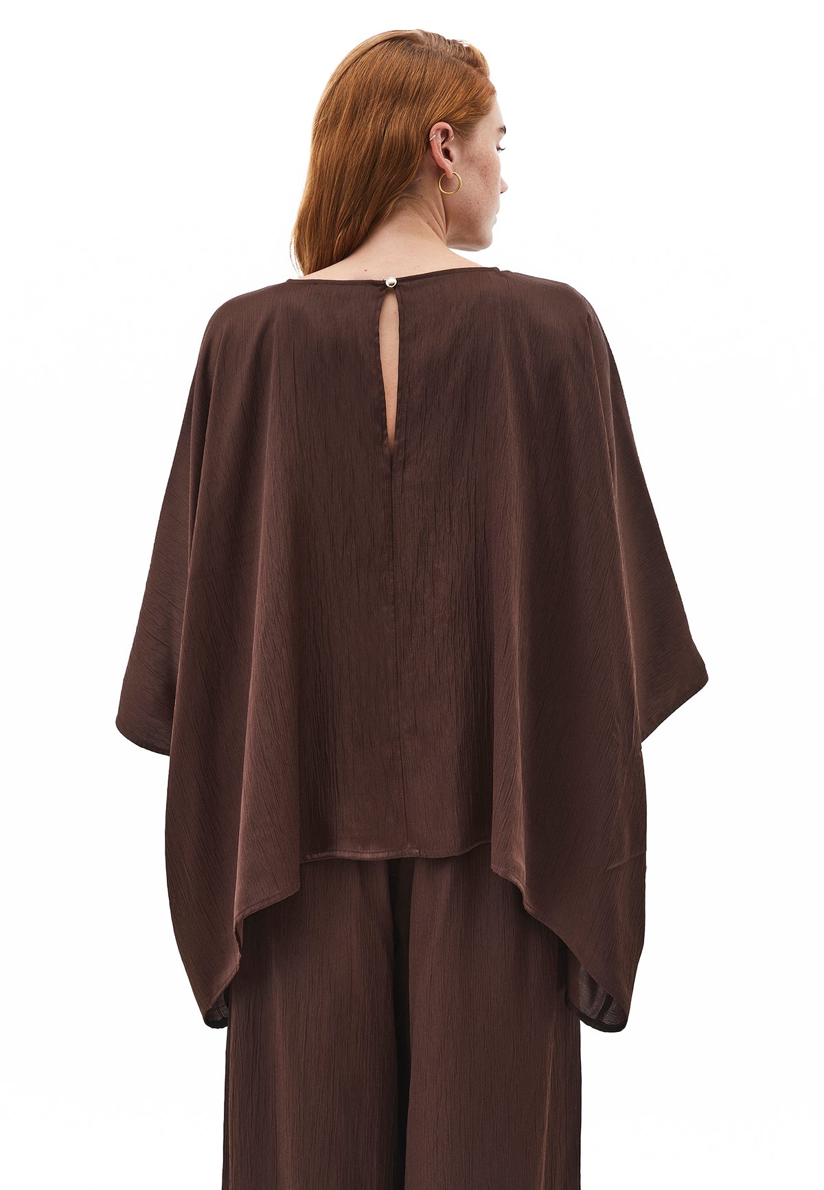 Boat Neck Long Sleeve Batwing And Tied Blouse - Brown