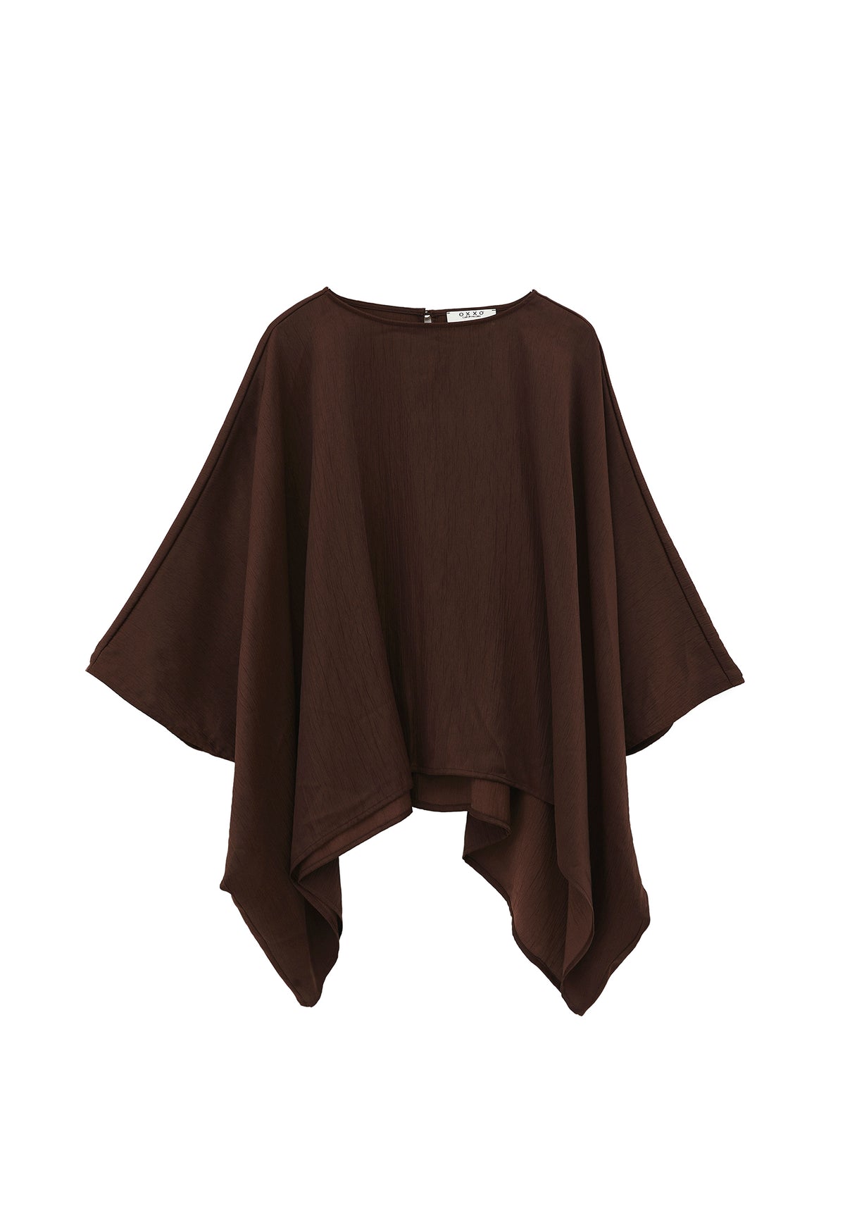 Boat Neck Long Sleeve Batwing And Tied Blouse - Brown