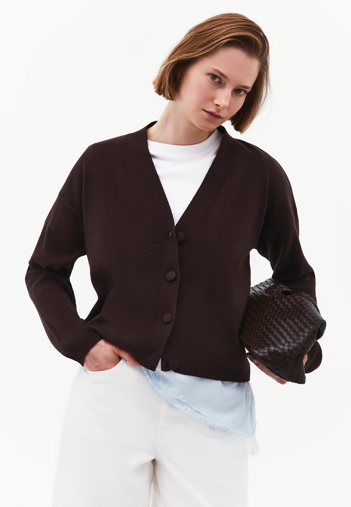 V-Neck Long Sleeve Cardigan - Brown
