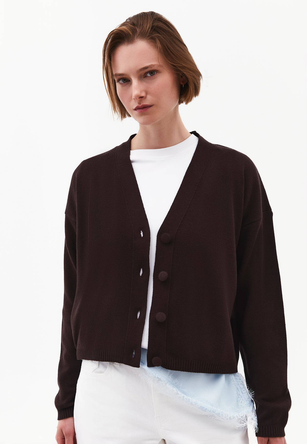 V-Neck Long Sleeve Cardigan - Brown