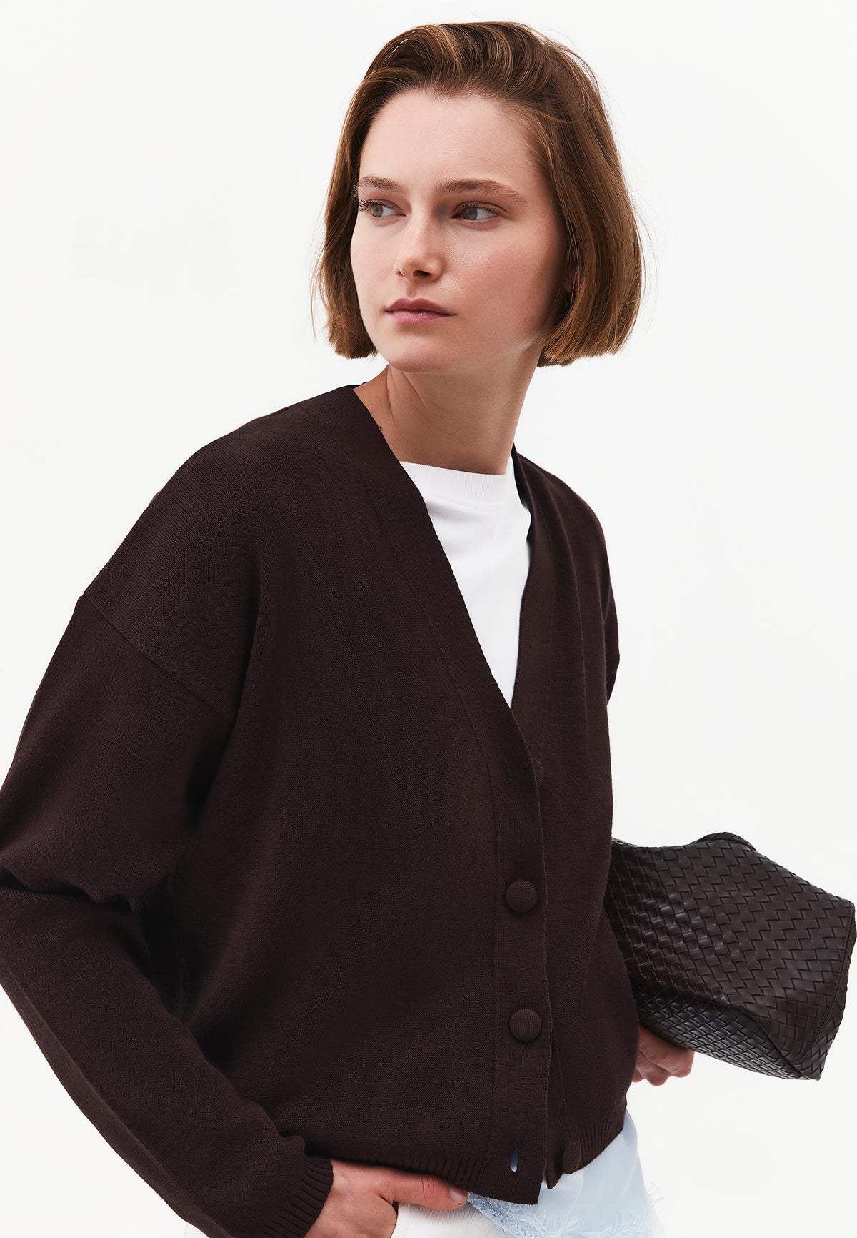 V-Neck Long Sleeve Cardigan - Brown
