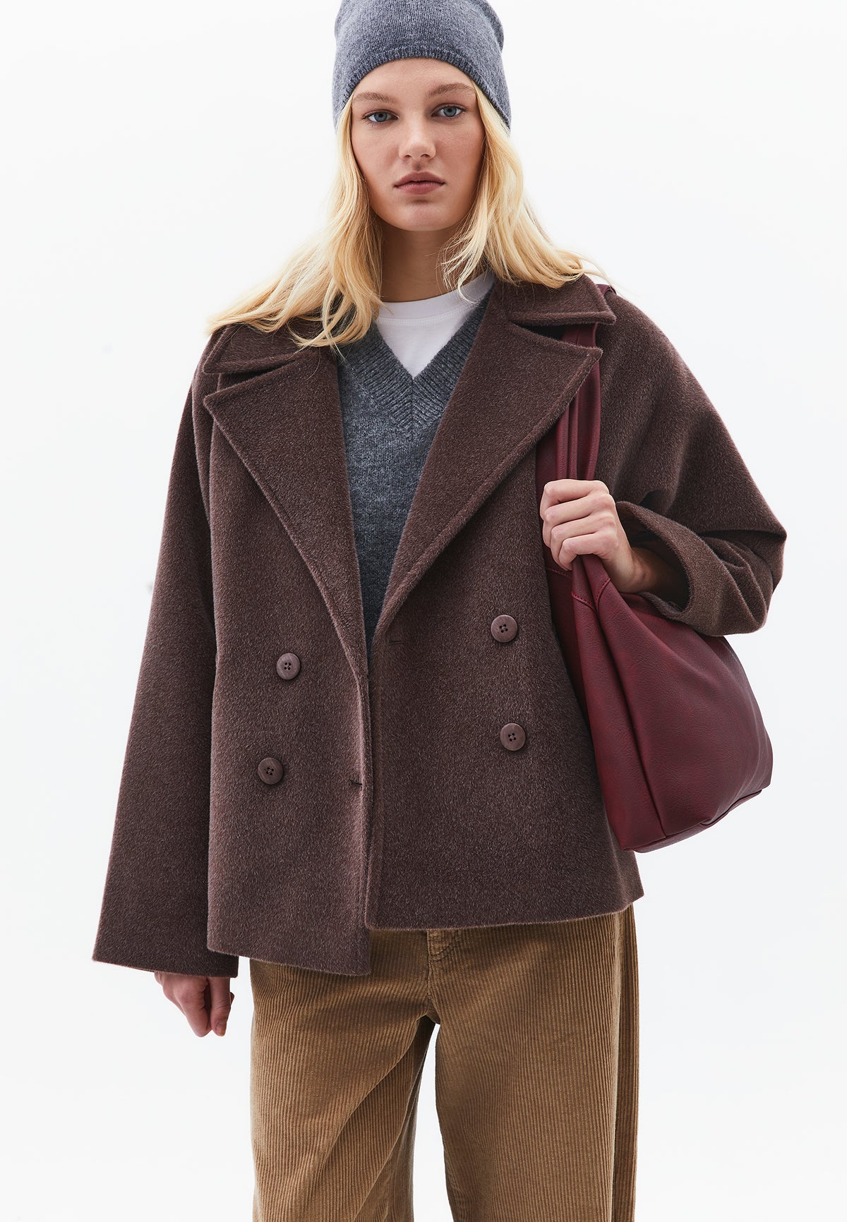 Double-Breasted Collar Button Detailed Coat - Brown