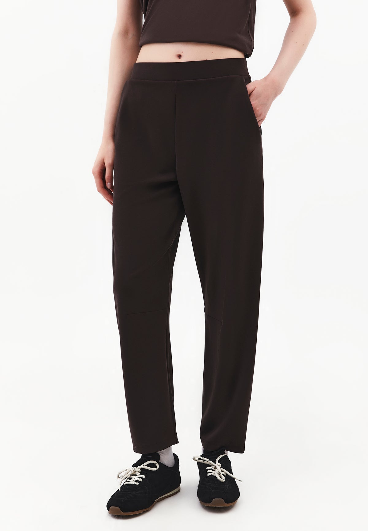 Women's High Waist Barrel Leg Trousers With Pocket Details - CHOCOLATE TORTE